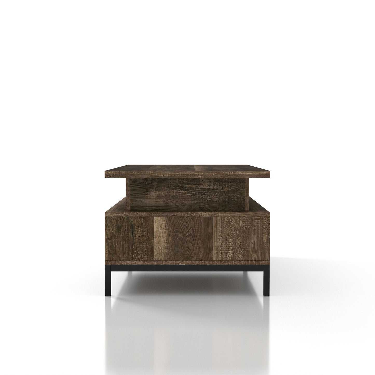 Front-facing side view of a rustic reclaimed oak lift-top tiered coffee table with storage on a white background