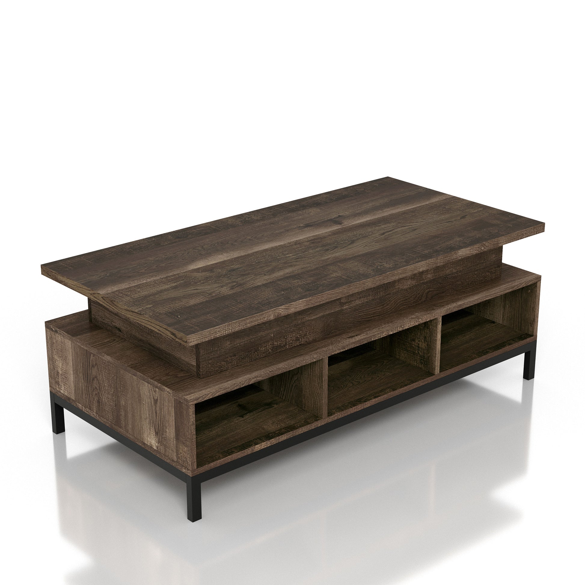 Right angled rustic reclaimed oak lift-top tiered coffee table with storage on a white background