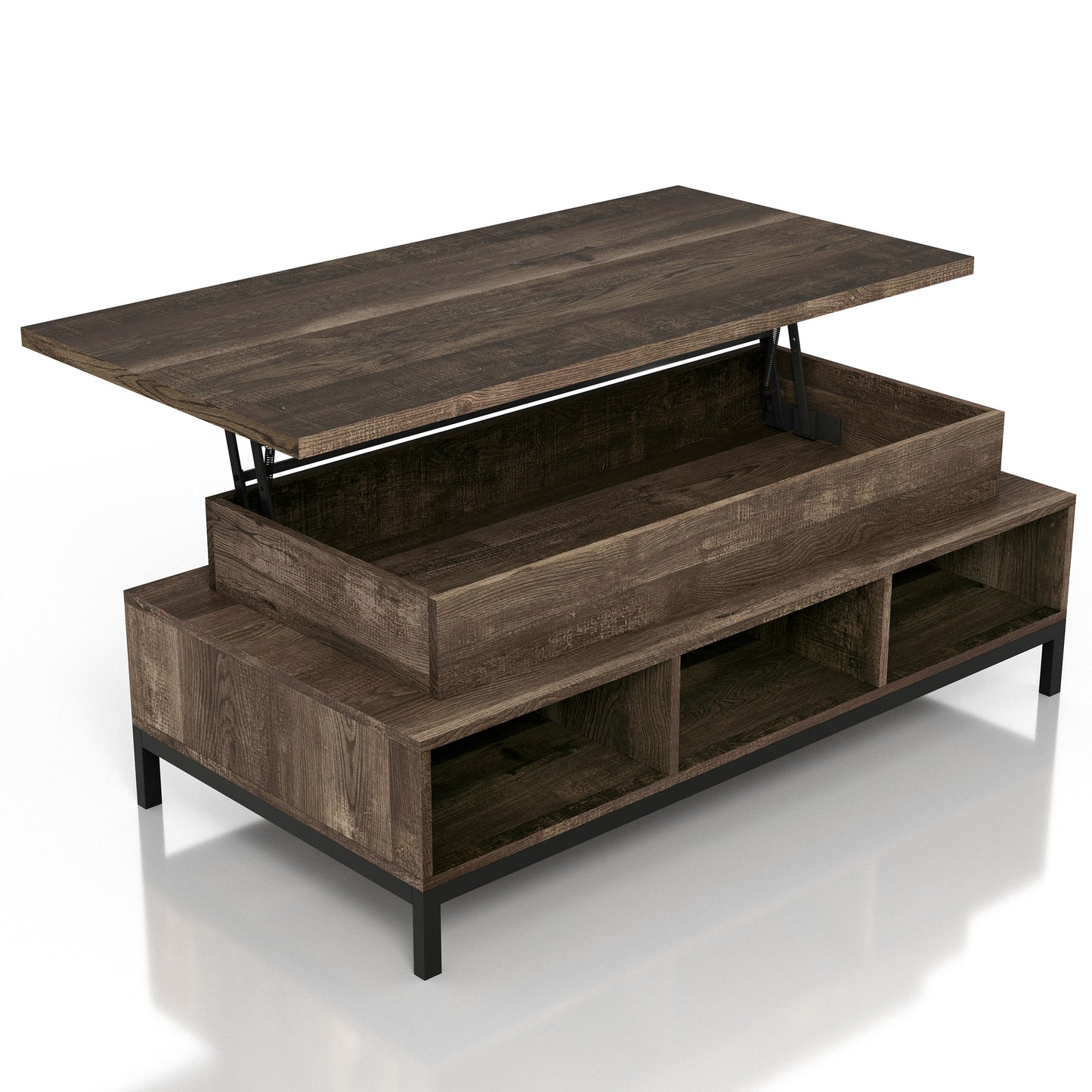 Right angled rustic reclaimed oak lift-top tiered coffee table with storage and top up on a white background