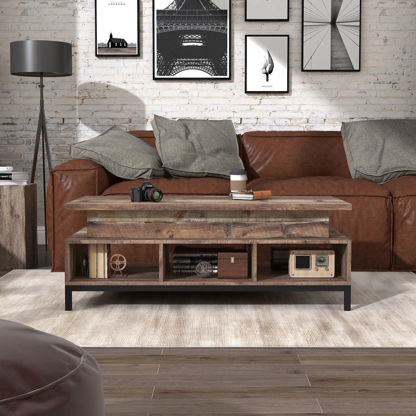 Front-facing rustic reclaimed barnwood lift-top tiered coffee table with storage in a living room with accessories