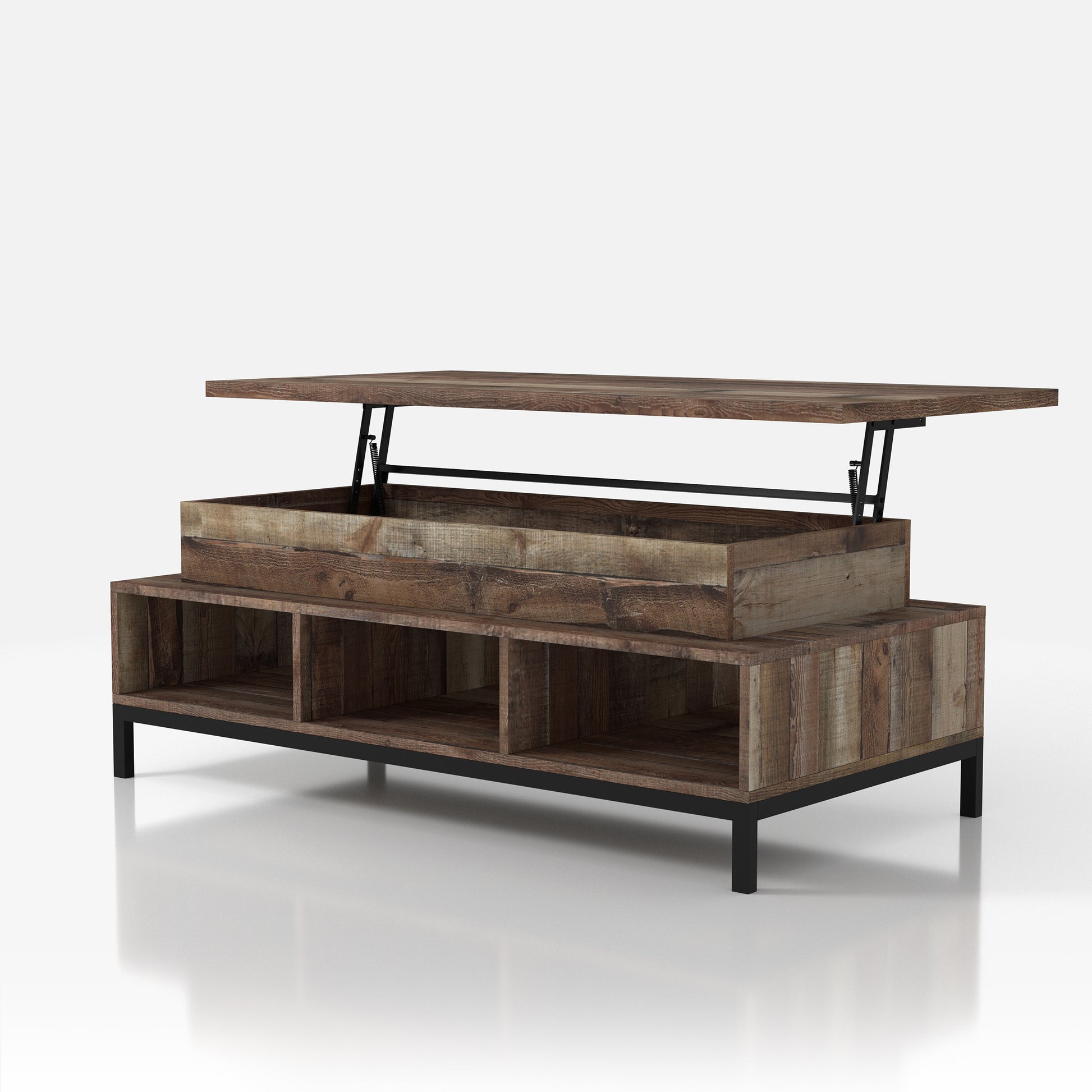 Left angled rustic reclaimed barnwood lift-top tiered coffee table with storage and top up on a white background