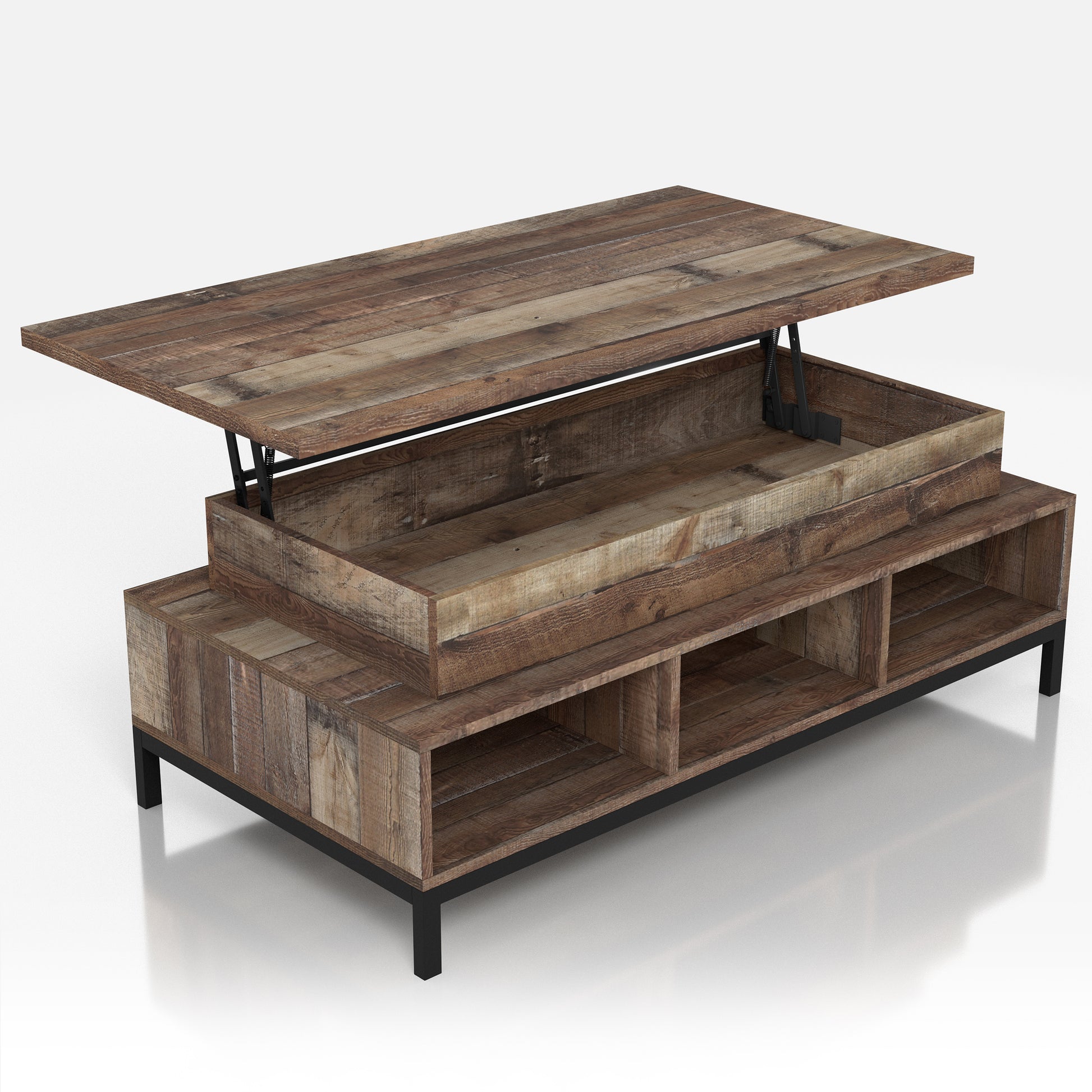 Right angled rustic reclaimed barnwood lift-top tiered coffee table with storage and top up on a white background