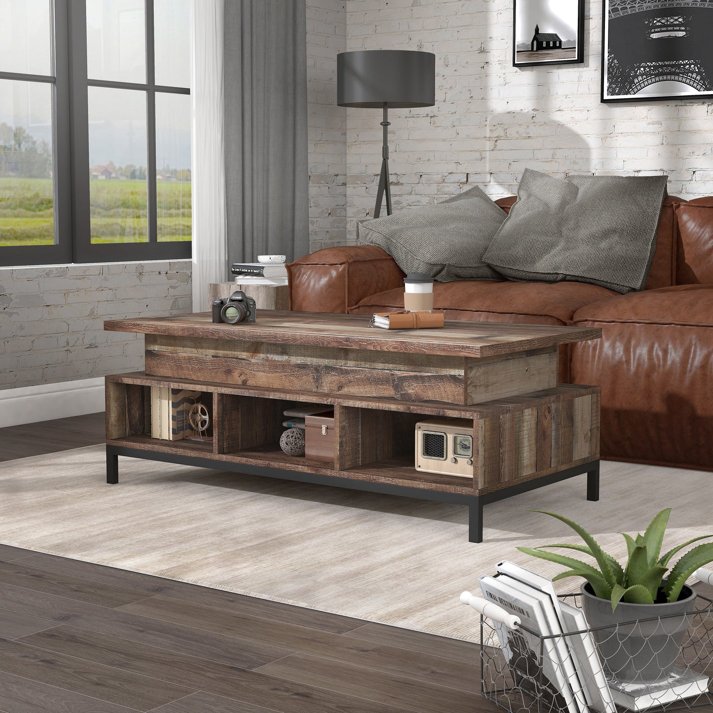 Left angled rustic reclaimed barnwood lift-top tiered coffee table with storage in a living room with accessories