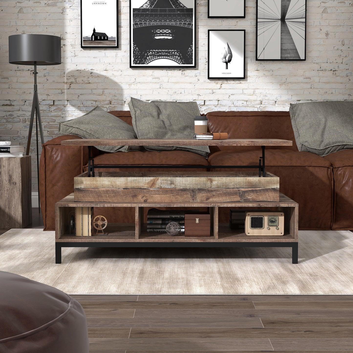 Front-facing rustic reclaimed barnwood lift-top tiered coffee table with storage and top up in a living room with accessories