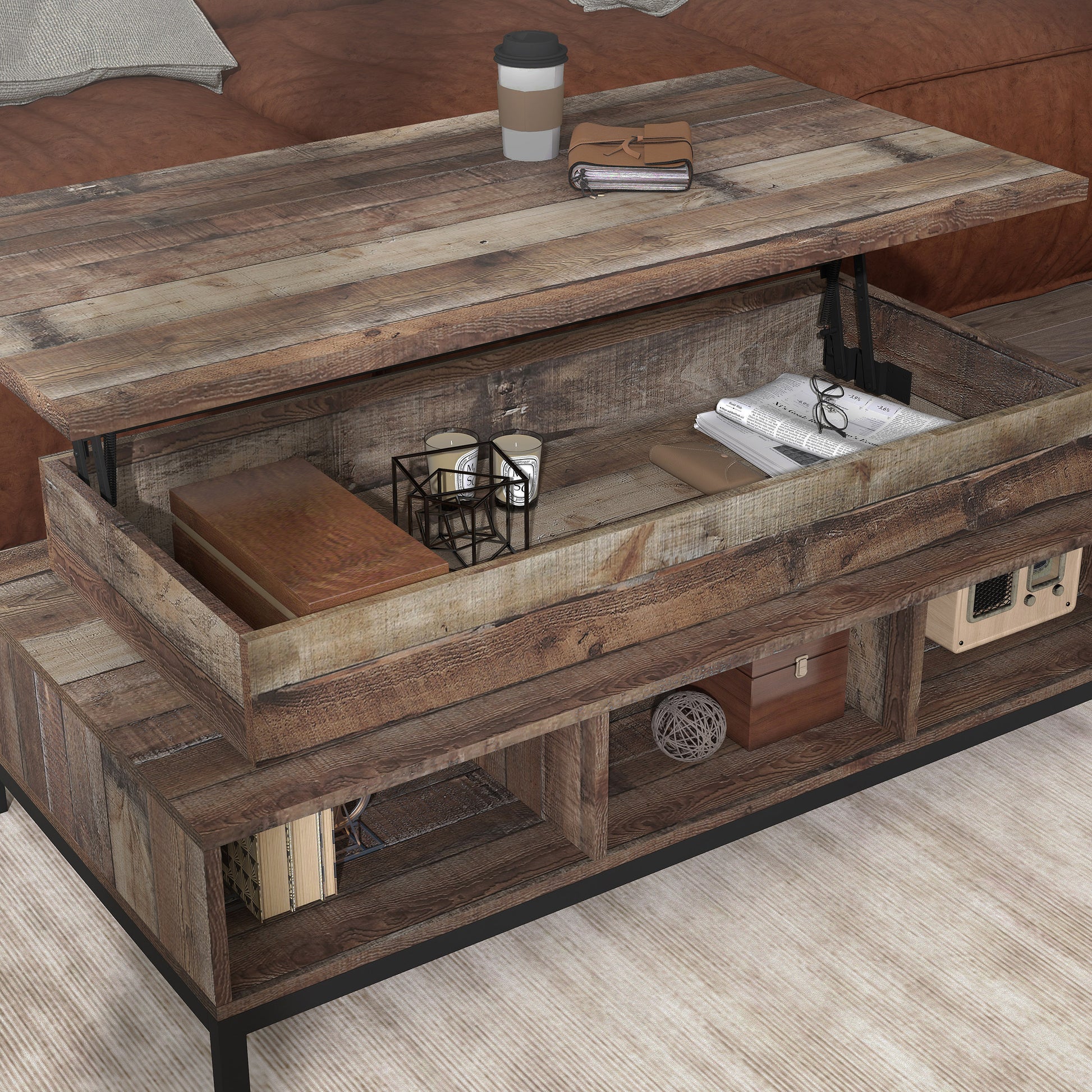 Right angled close-up view of a rustic reclaimed barnwood lift-top tiered coffee table with storage and top up in a living room with accessories