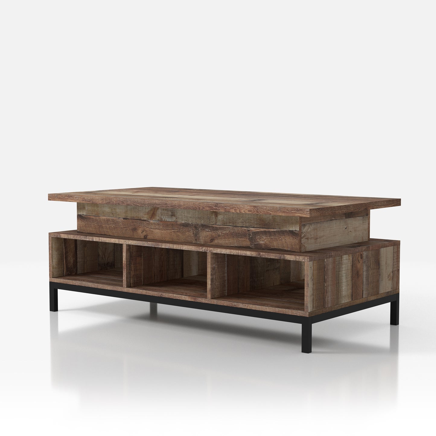 Left angled rustic reclaimed barnwood lift-top tiered coffee table with storage on a white background