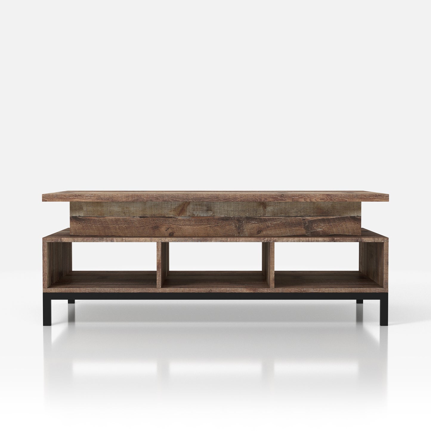 Front-facing rustic reclaimed barnwood lift-top tiered coffee table with storage on a white background