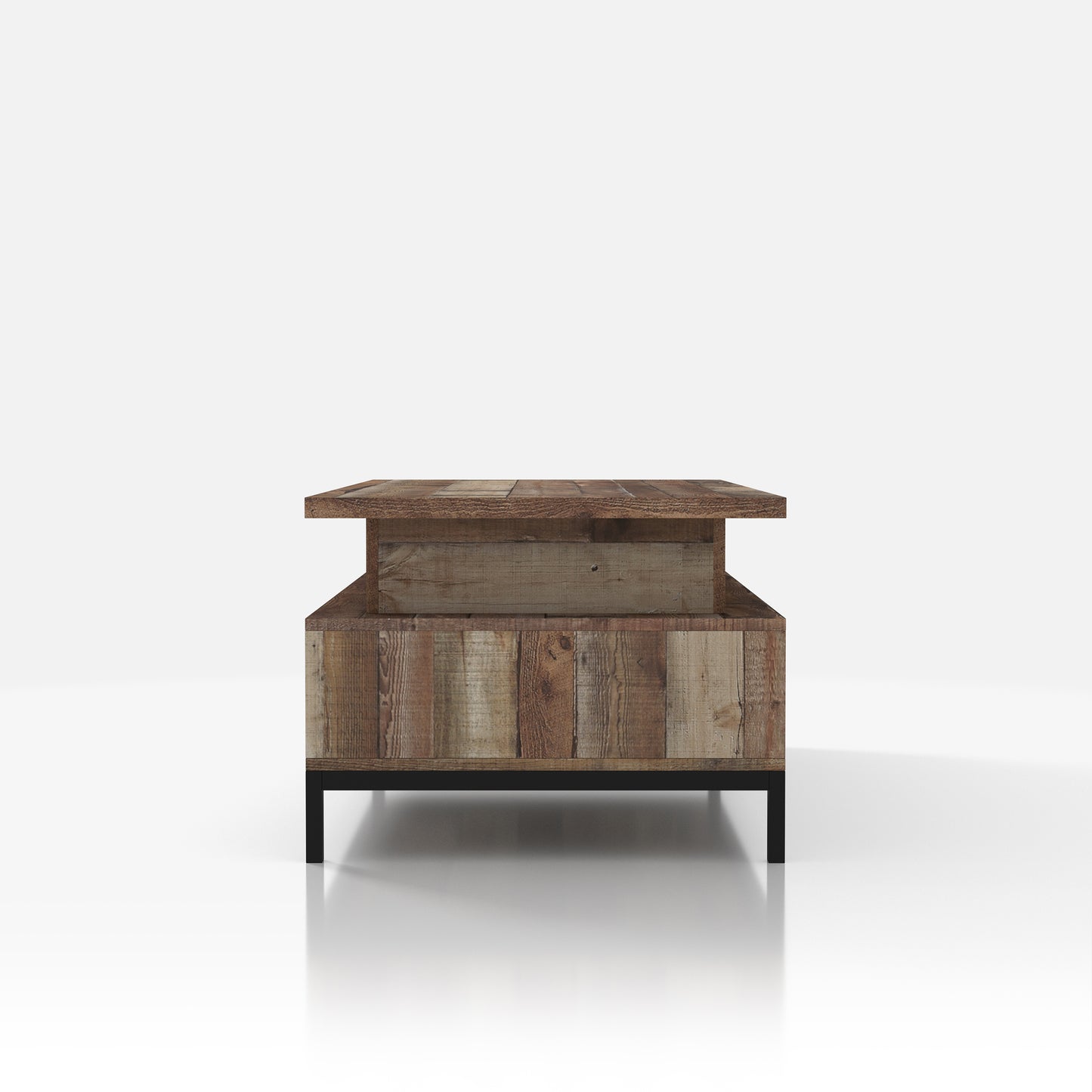 Front-facing side view of a rustic reclaimed barnwood lift-top tiered coffee table with storage on a white background