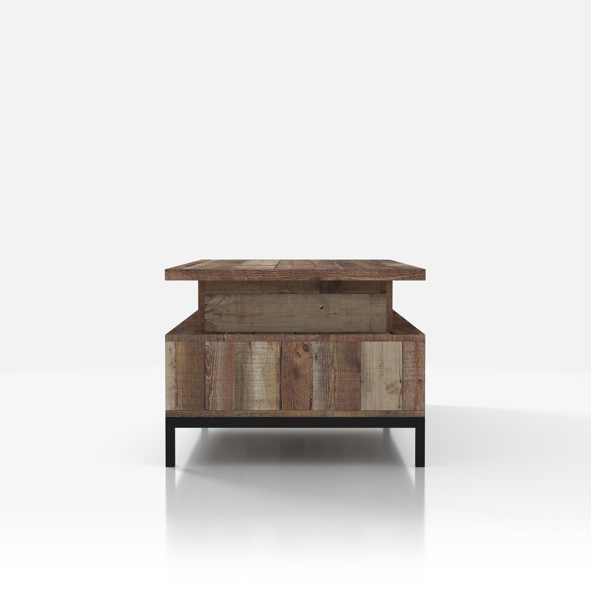 Front-facing side view of a rustic reclaimed barnwood lift-top tiered coffee table with storage on a white background