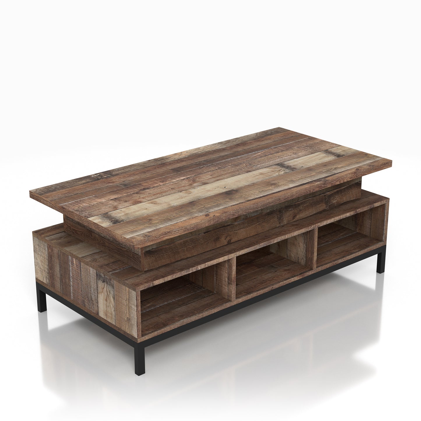 Right angled rustic reclaimed barnwood lift-top tiered coffee table with storage on a white background