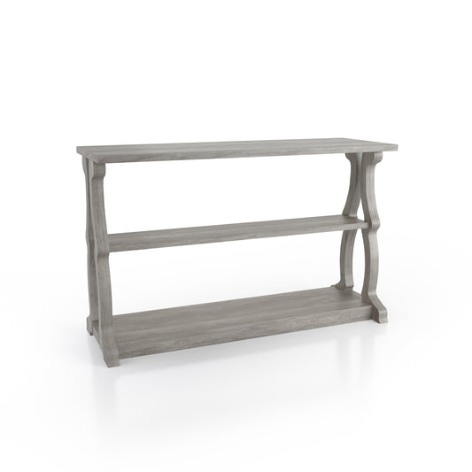 Right angled farmhouse vintage gray oak sofa table with scroll legs on a white background