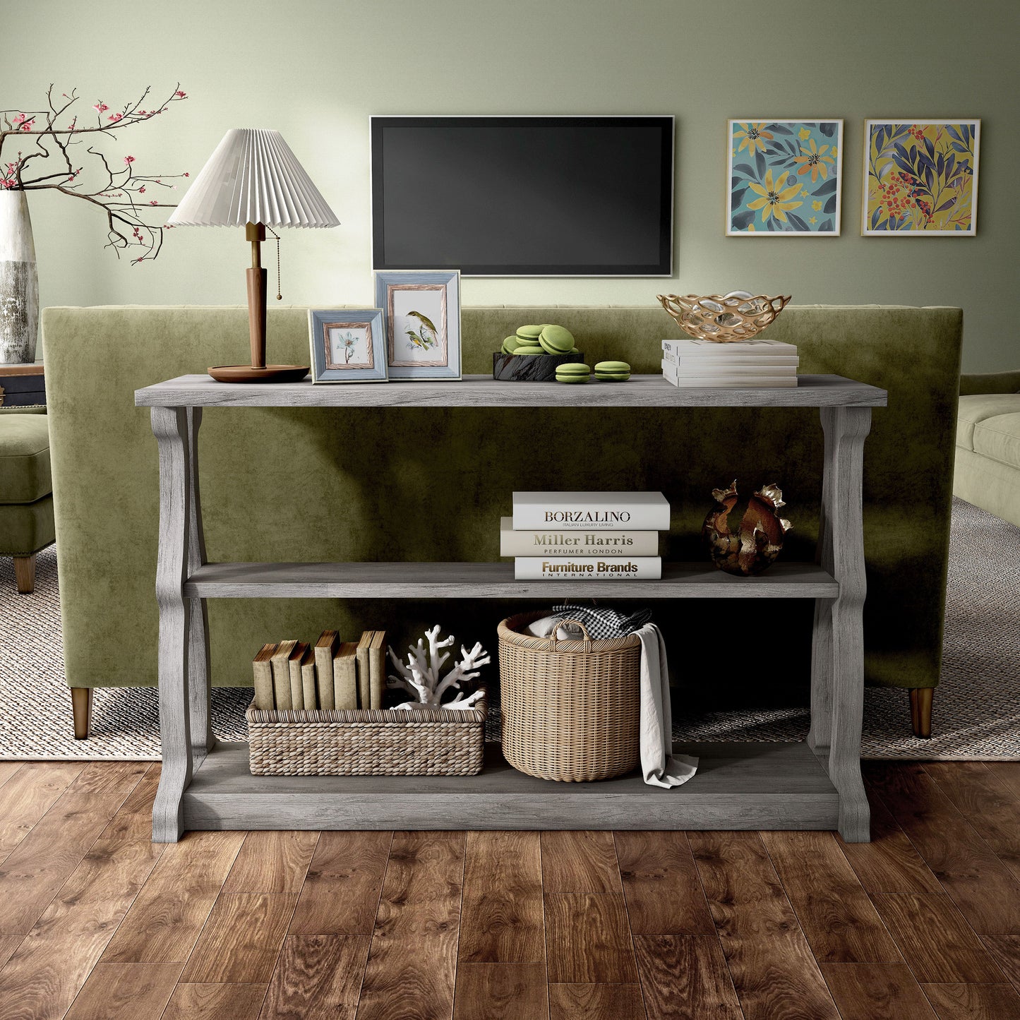 Front-facing farmhouse vintage gray oak sofa table with scroll legs in a living room with accessories