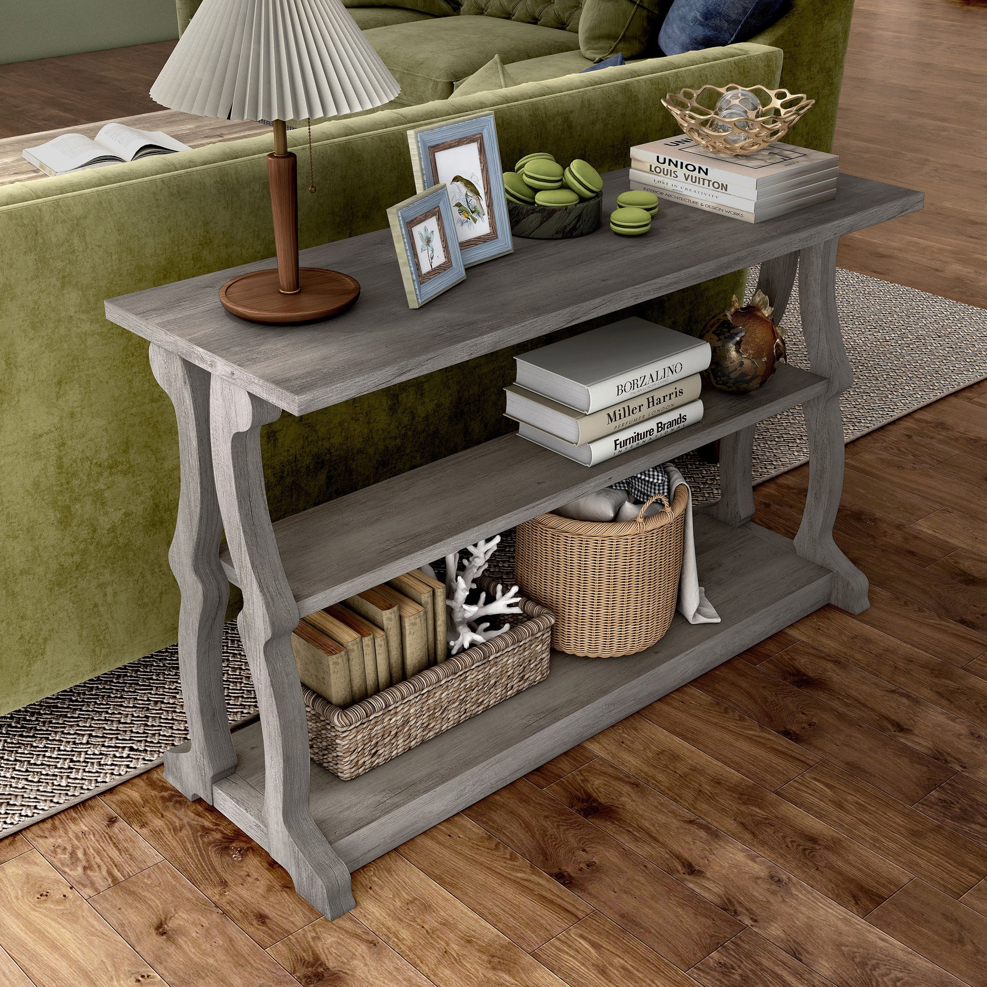 Right angled farmhouse vintage gray oak sofa table with scroll legs in a living room with accessories