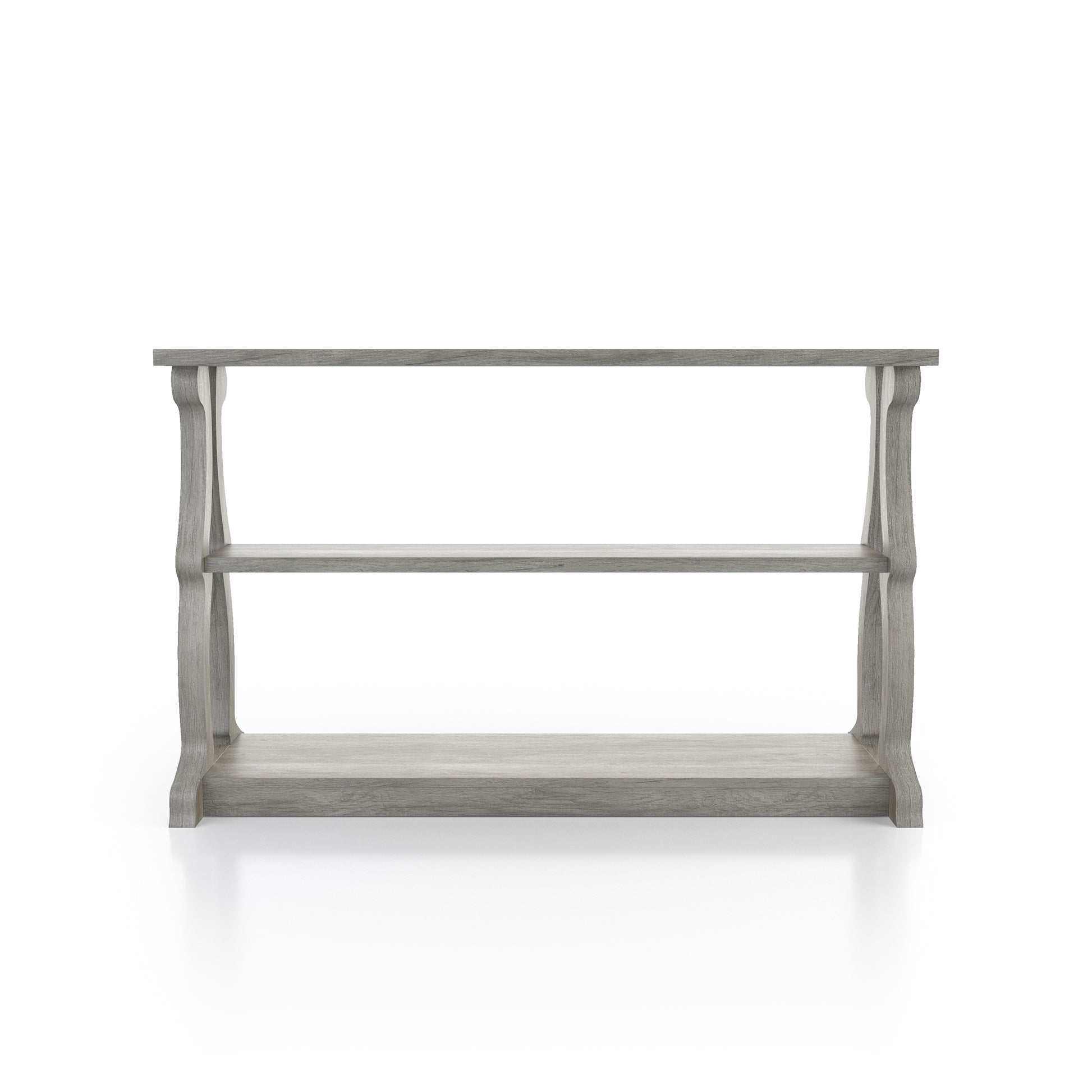 Front-facing farmhouse vintage gray oak sofa table with scroll legs on a white background