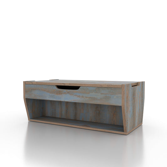 Left angled rustic distressed blue lift-top storage coffee table on a white background