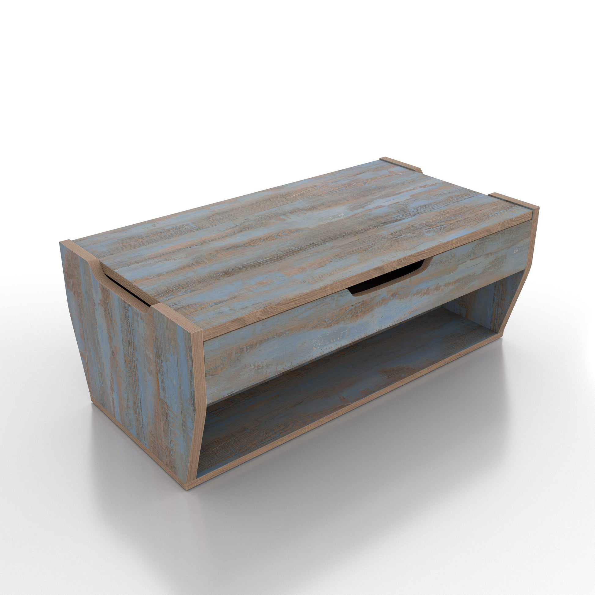 Right angled rustic distressed blue lift-top storage coffee table on a white background