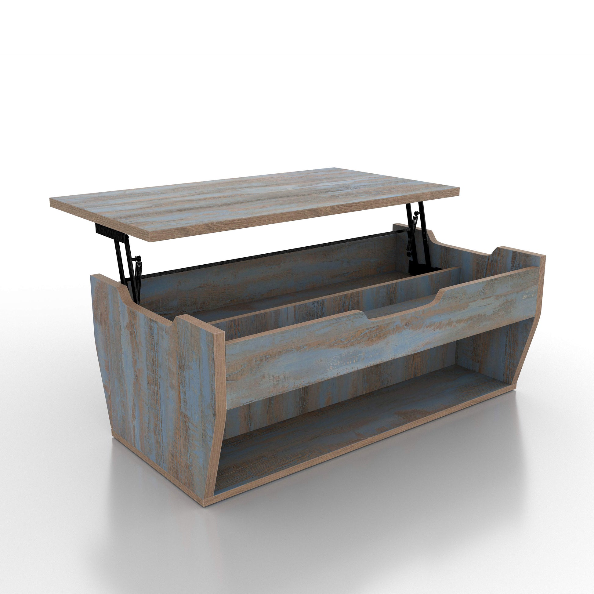 Right angled rustic distressed blue lift-top storage coffee table with top up on a white background