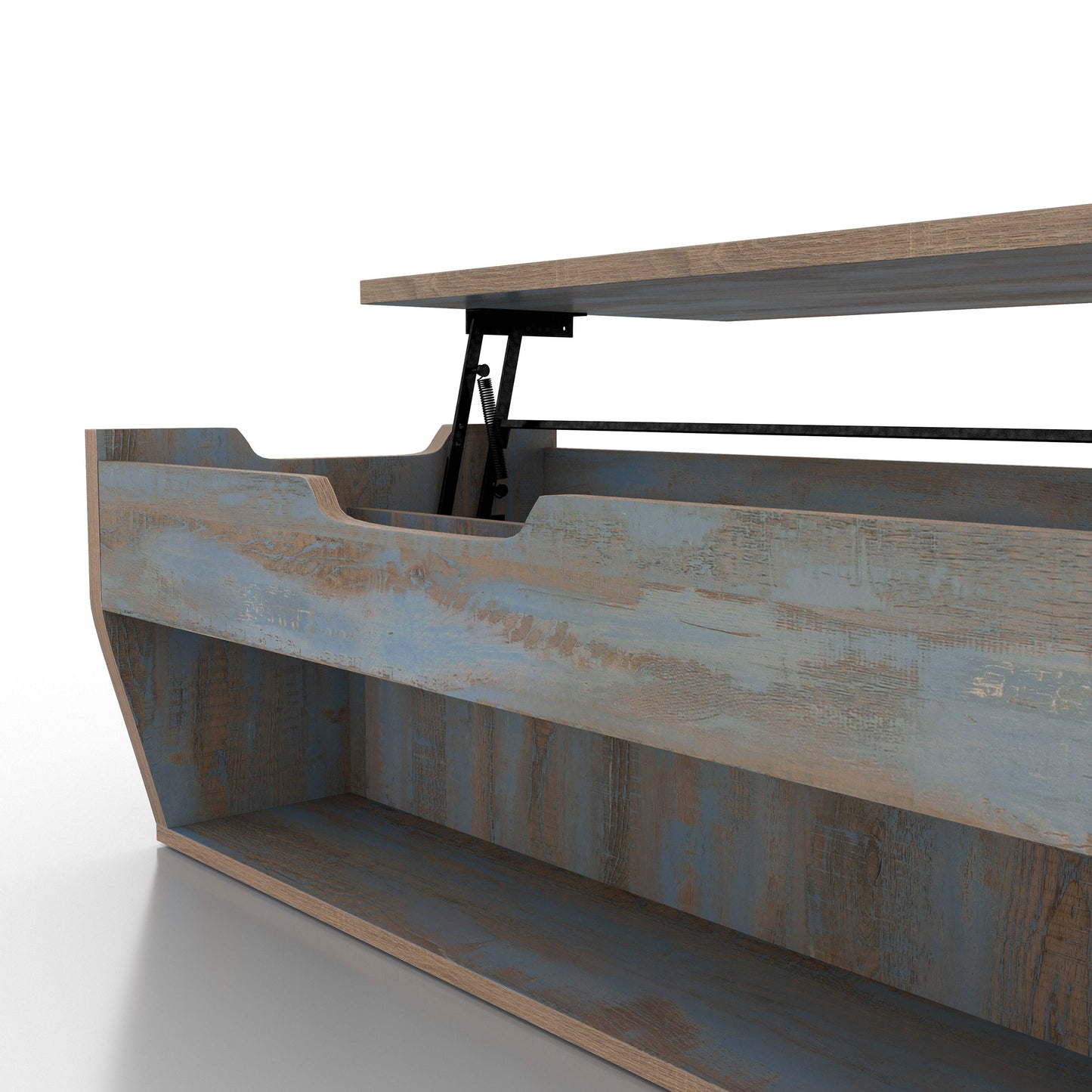 Right angled close-up view of a rustic distressed blue lift-top storage coffee table with top up on a white background