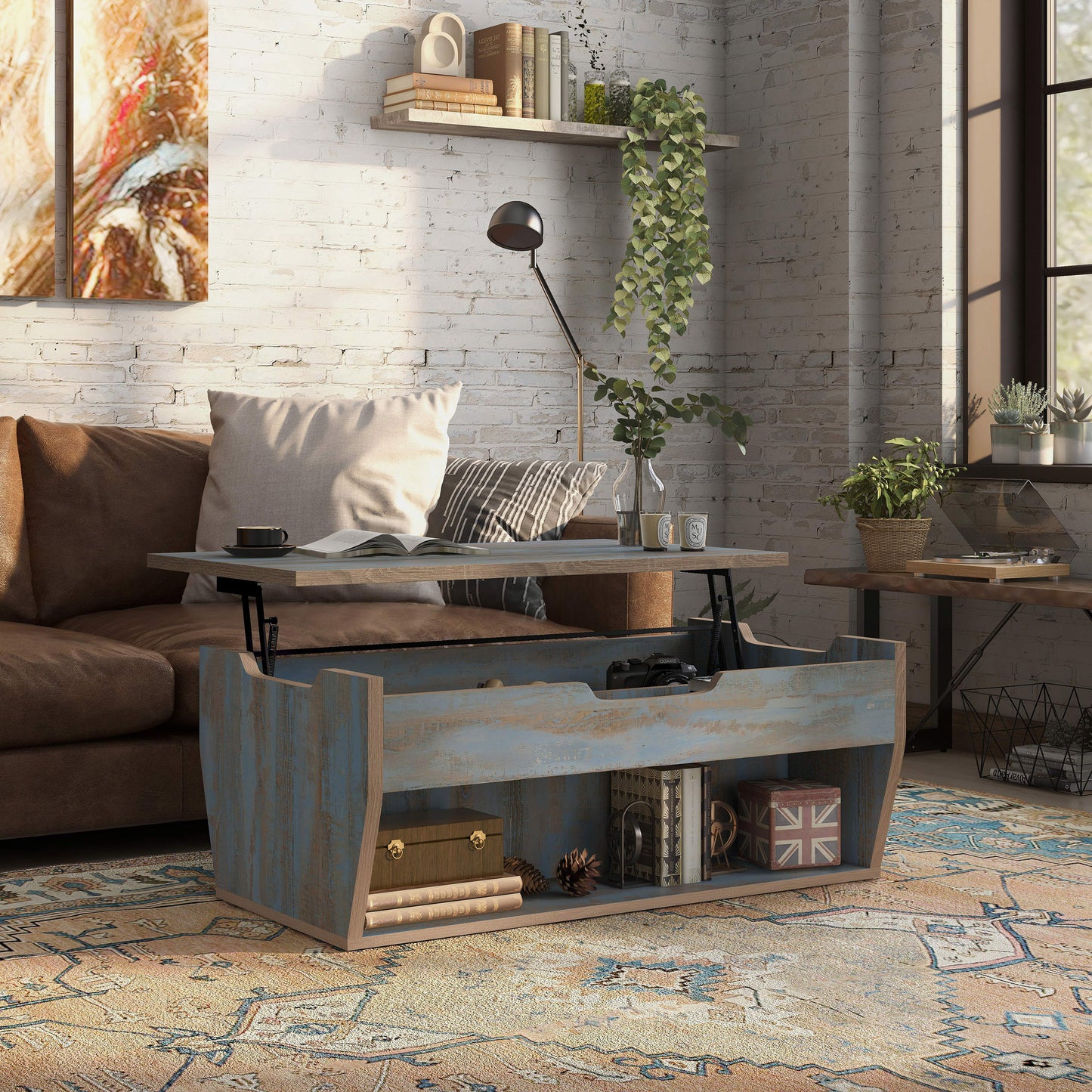 Right angled rustic distressed blue lift-top storage coffee table with top up in a living room with accessories