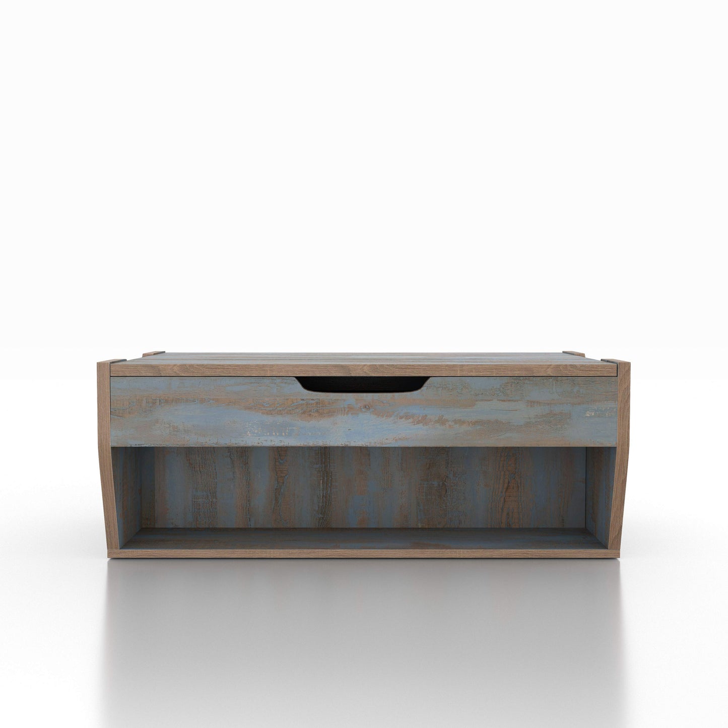 Front-facing rustic distressed blue lift-top storage coffee table on a white background