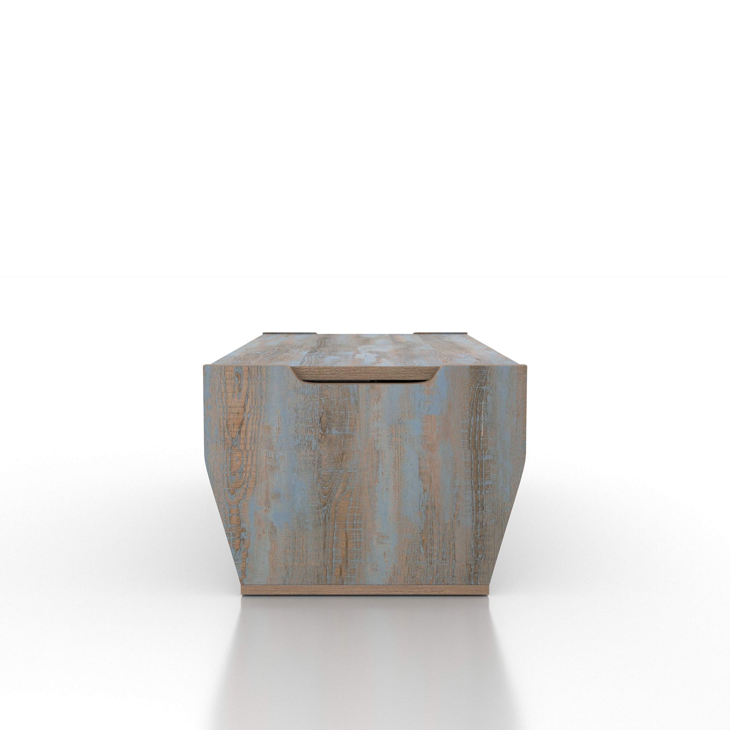 Front-facing side view of a rustic distressed blue lift-top storage coffee table on a white background