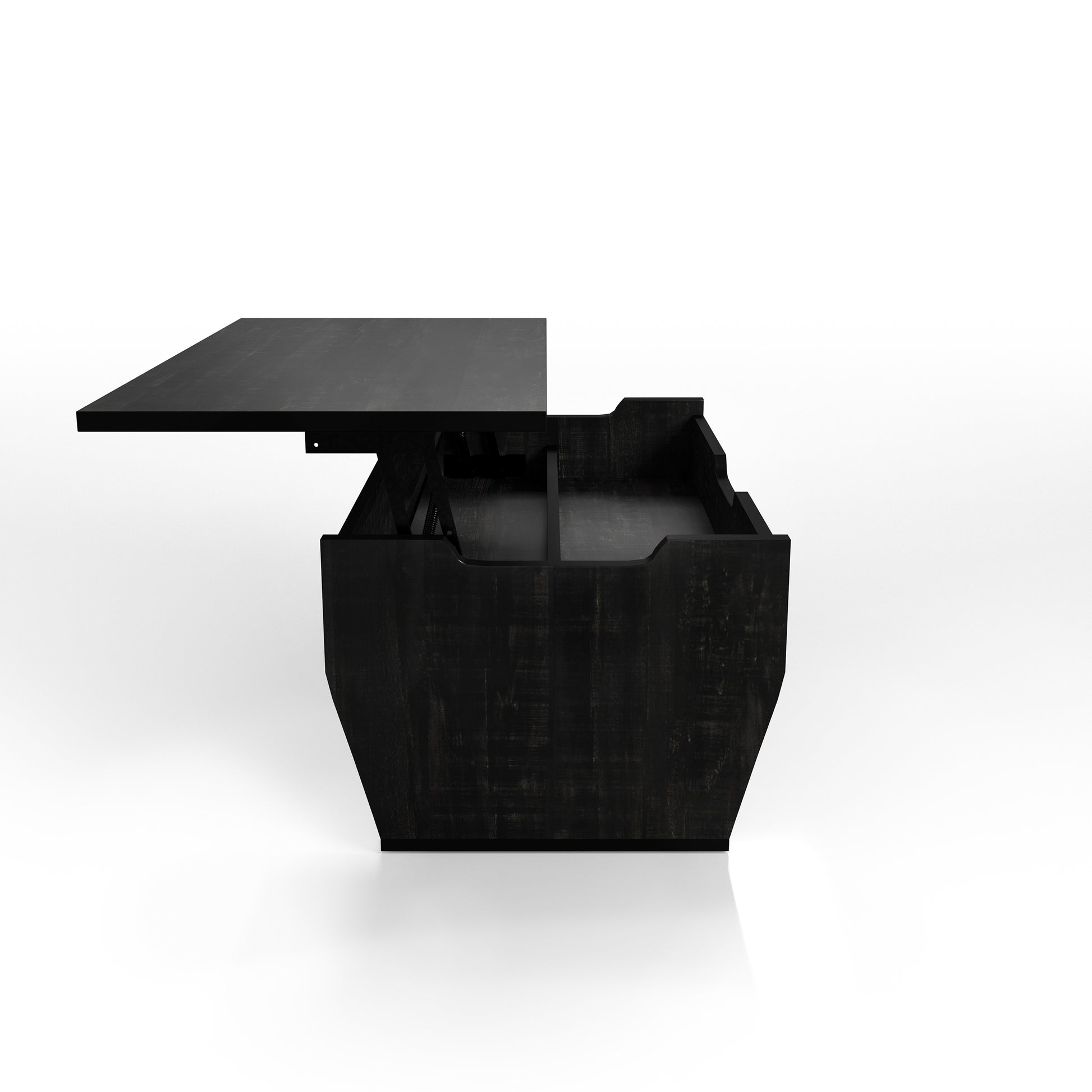 Front-facing side view of a rustic reclaimed black lift-top storage coffee table with top up on a white background