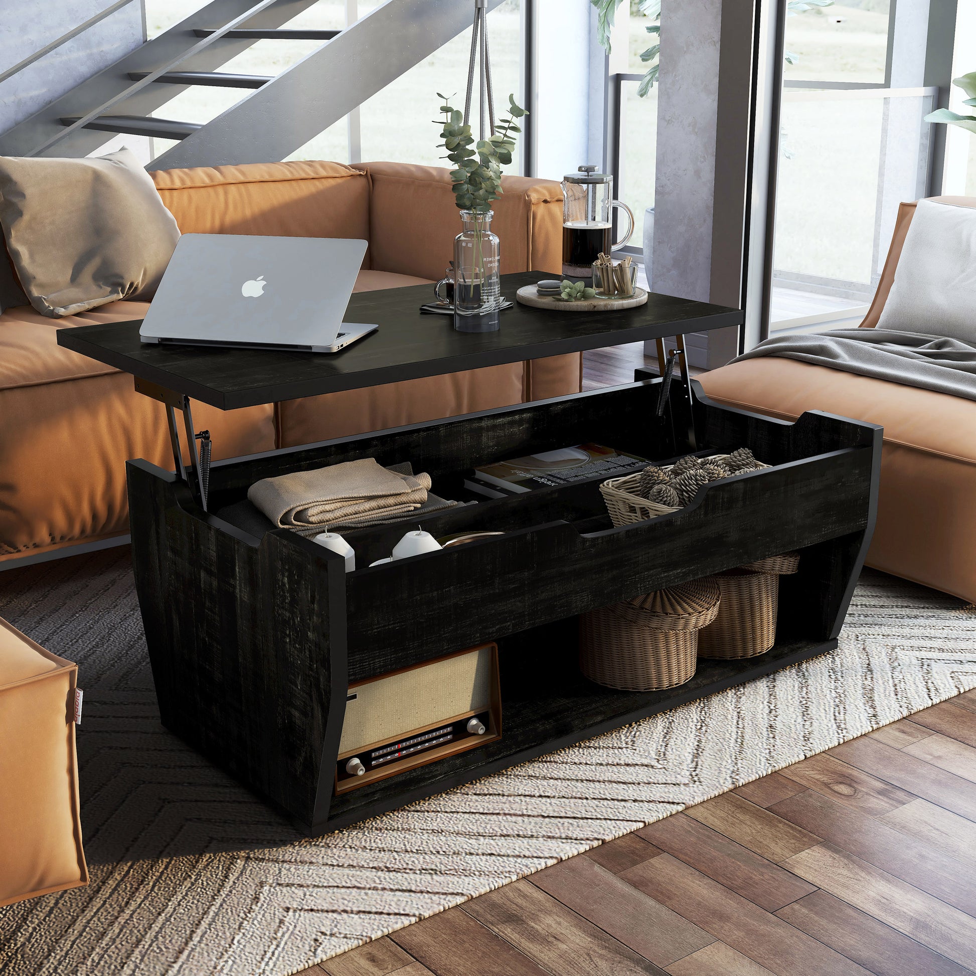 Right angled rustic reclaimed black lift-top storage coffee table with top up in a living room with accessories