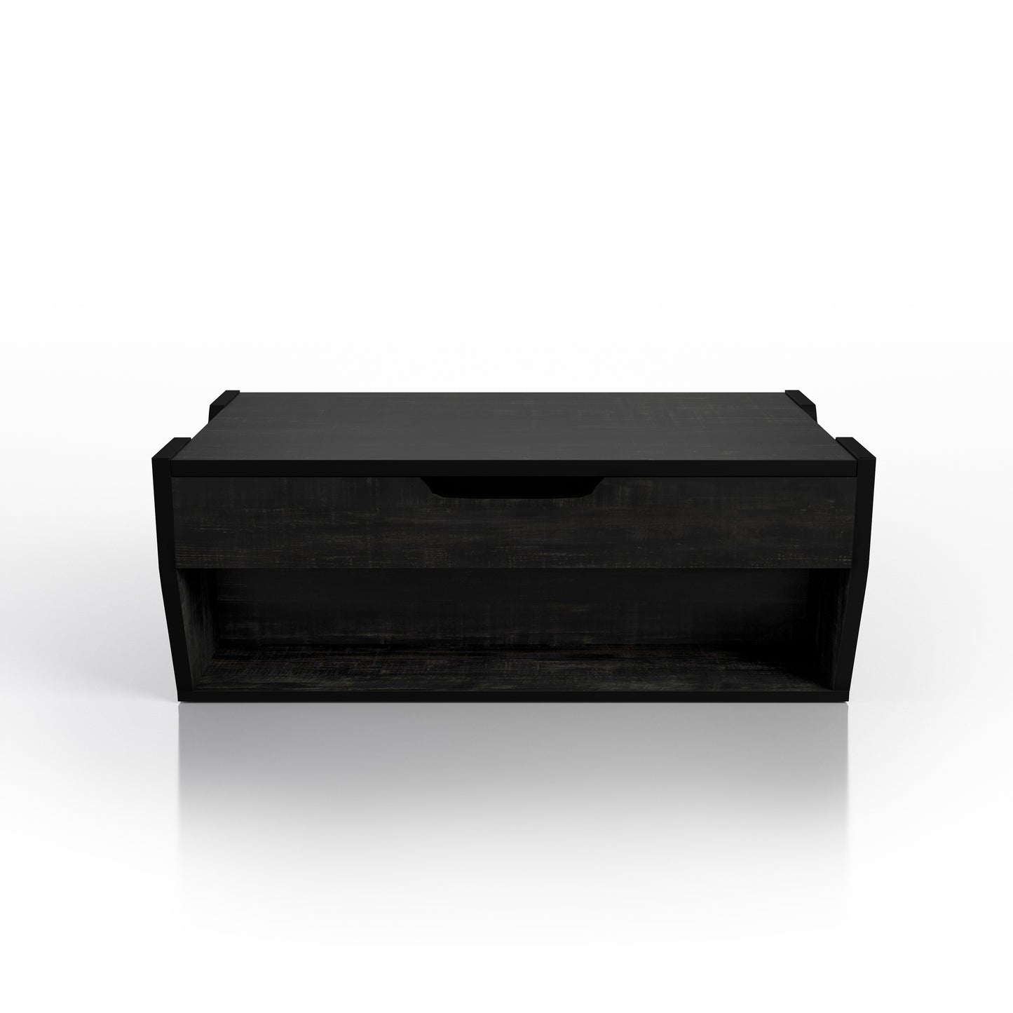 Front-facing rustic reclaimed black lift-top storage coffee table on a white background