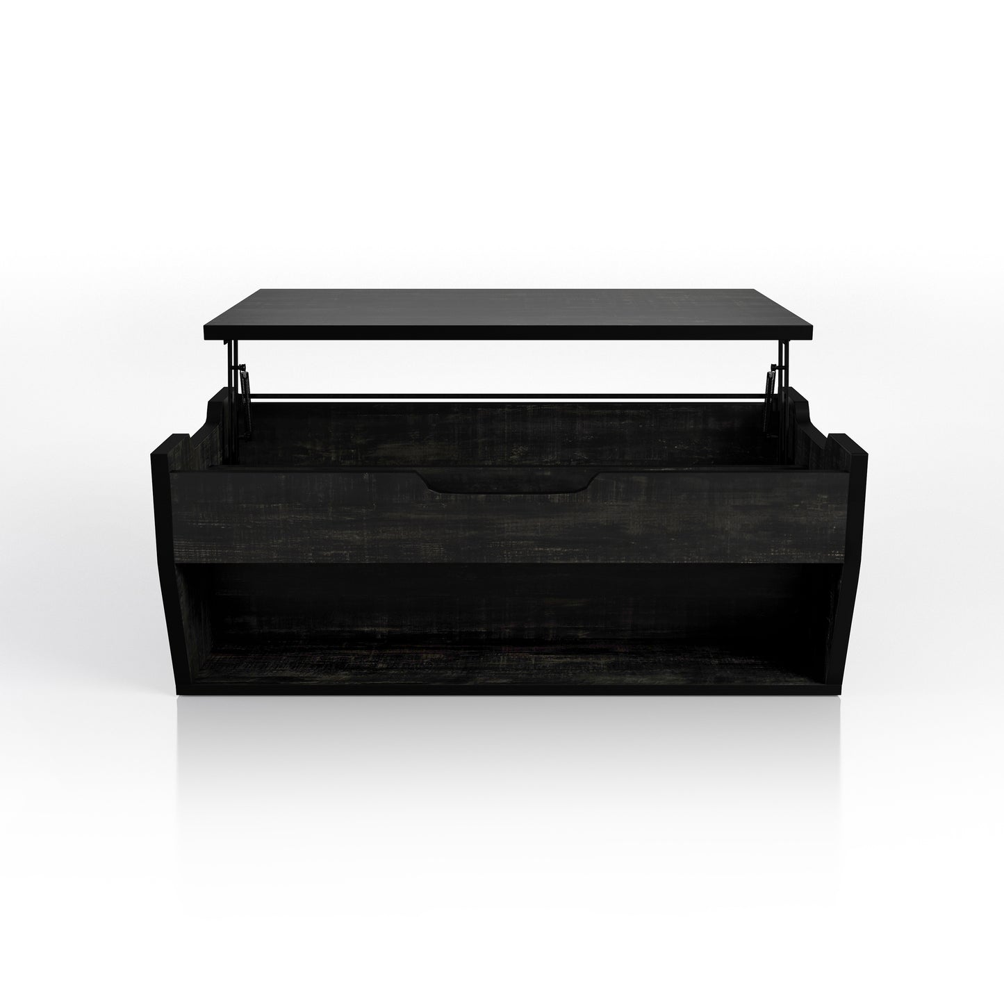 Front-facing rustic reclaimed black lift-top storage coffee table with top up on a white background