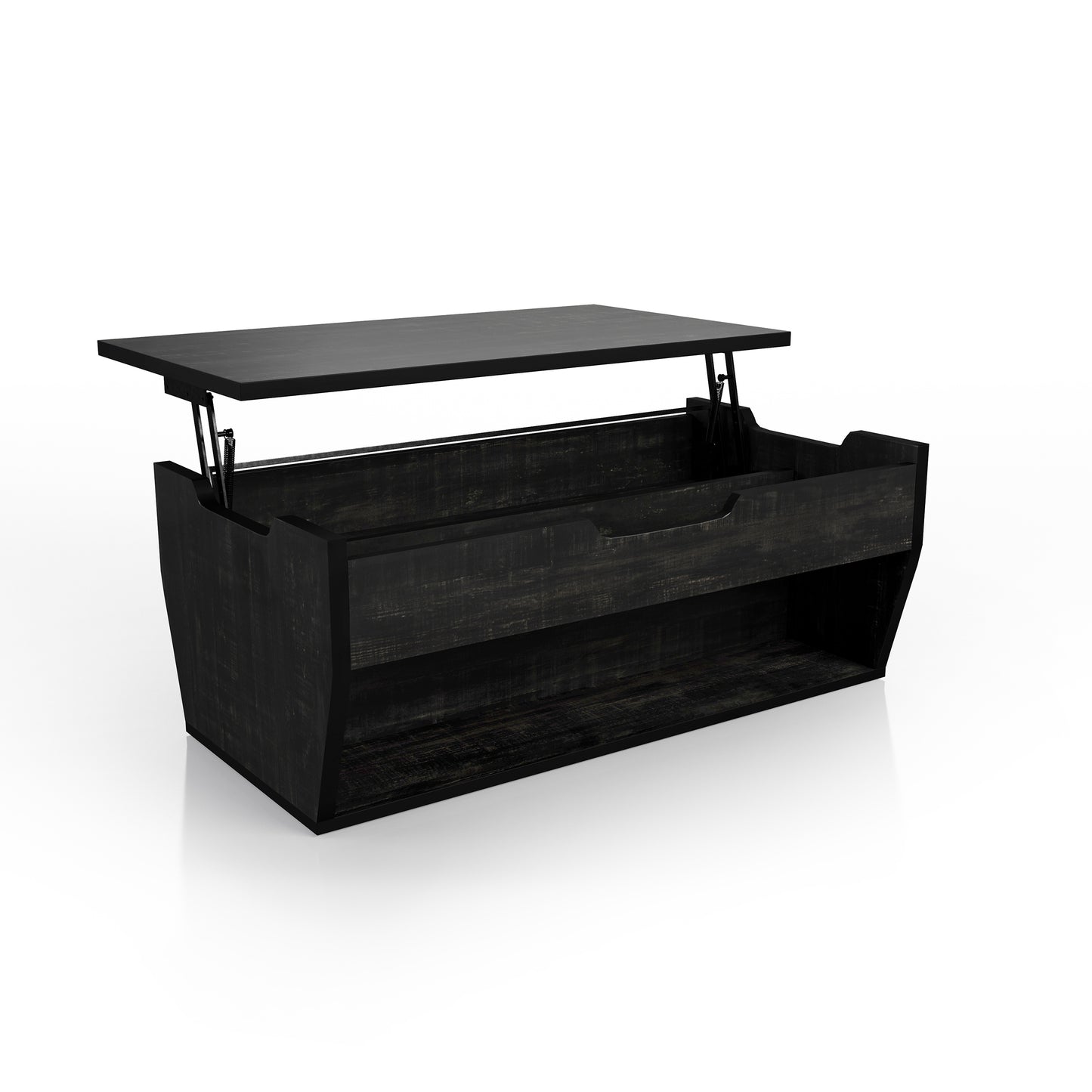 Right angled rustic reclaimed black lift-top storage coffee table with top up on a white background