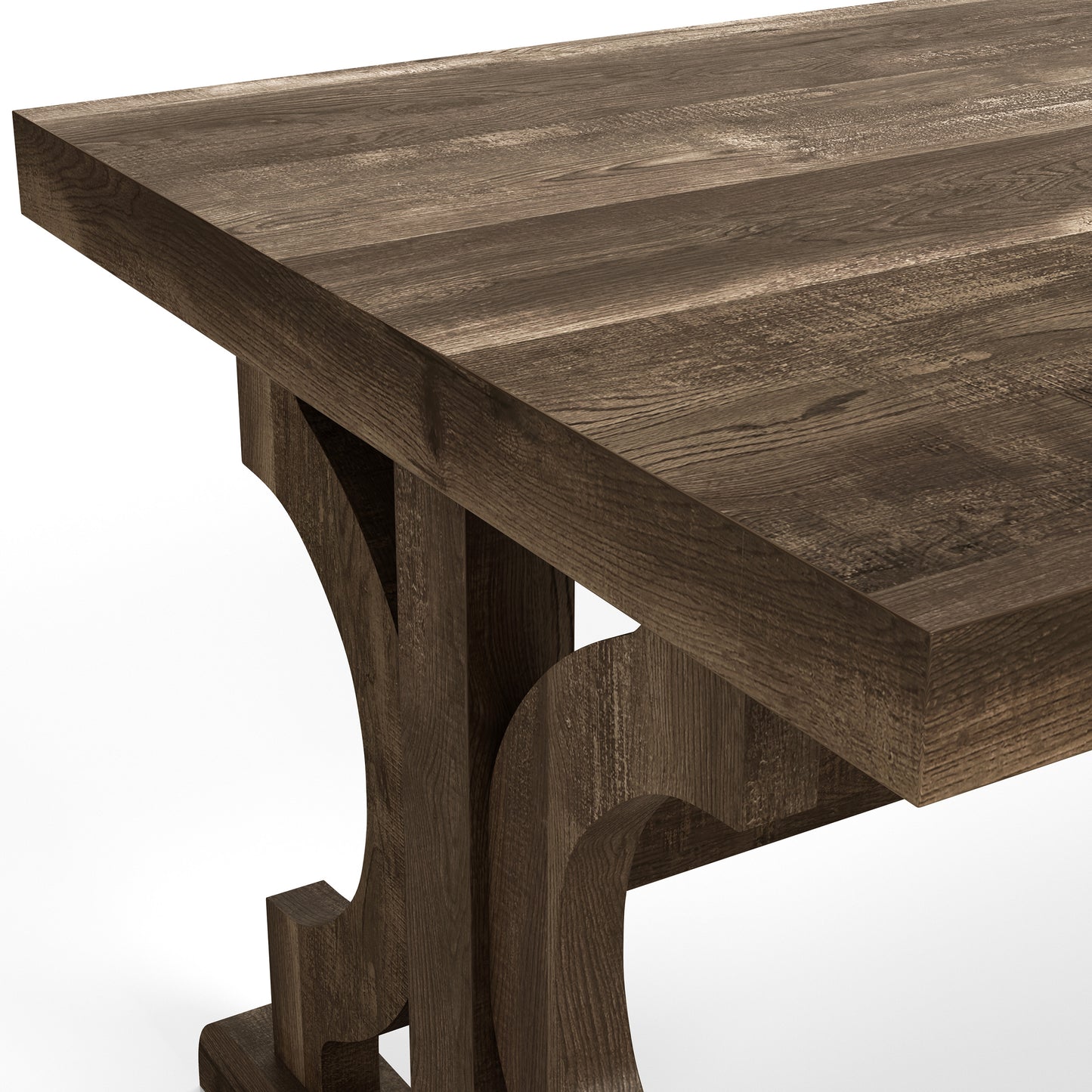Right angled close-up view of a farmhouse reclaimed oak trestle base coffee table on a white background