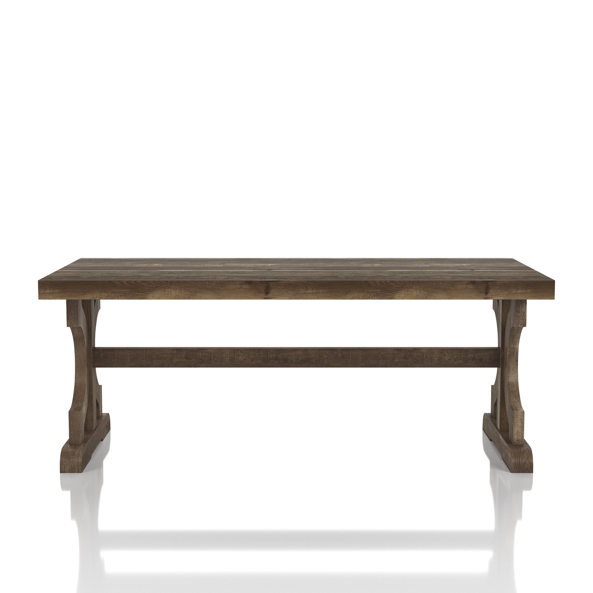 Front-facing farmhouse reclaimed oak trestle base coffee table on a white background