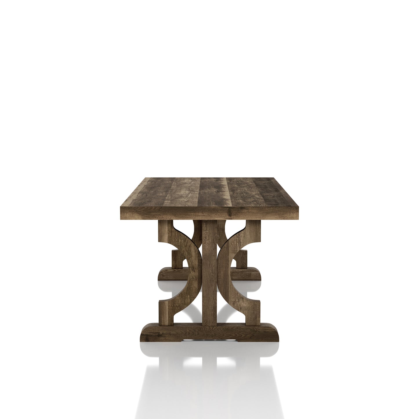 Front-facing side view of a farmhouse reclaimed oak trestle base coffee table on a white background