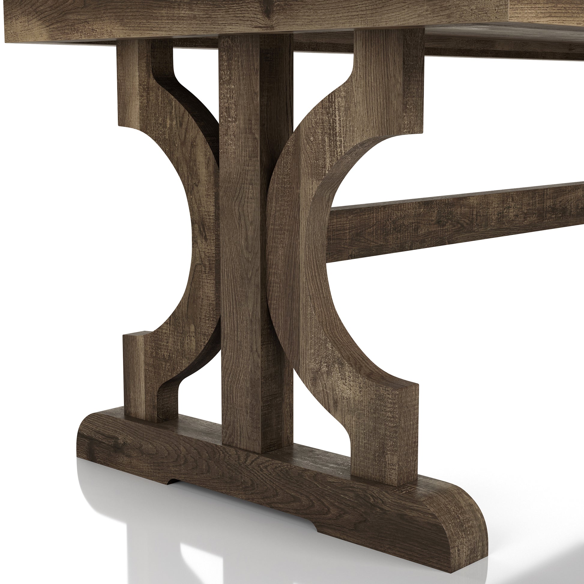 Right angled close-up base view of a farmhouse reclaimed oak trestle base coffee table on a white background