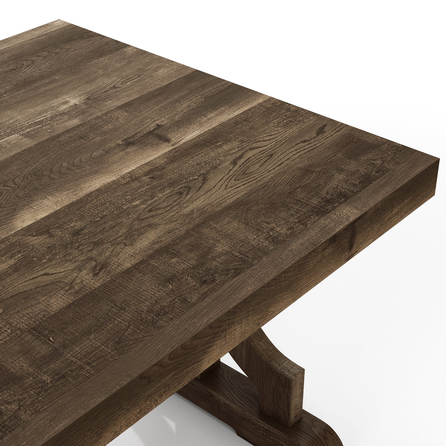 Right angled close-up tabletop view of a farmhouse reclaimed oak trestle base coffee table on a white background