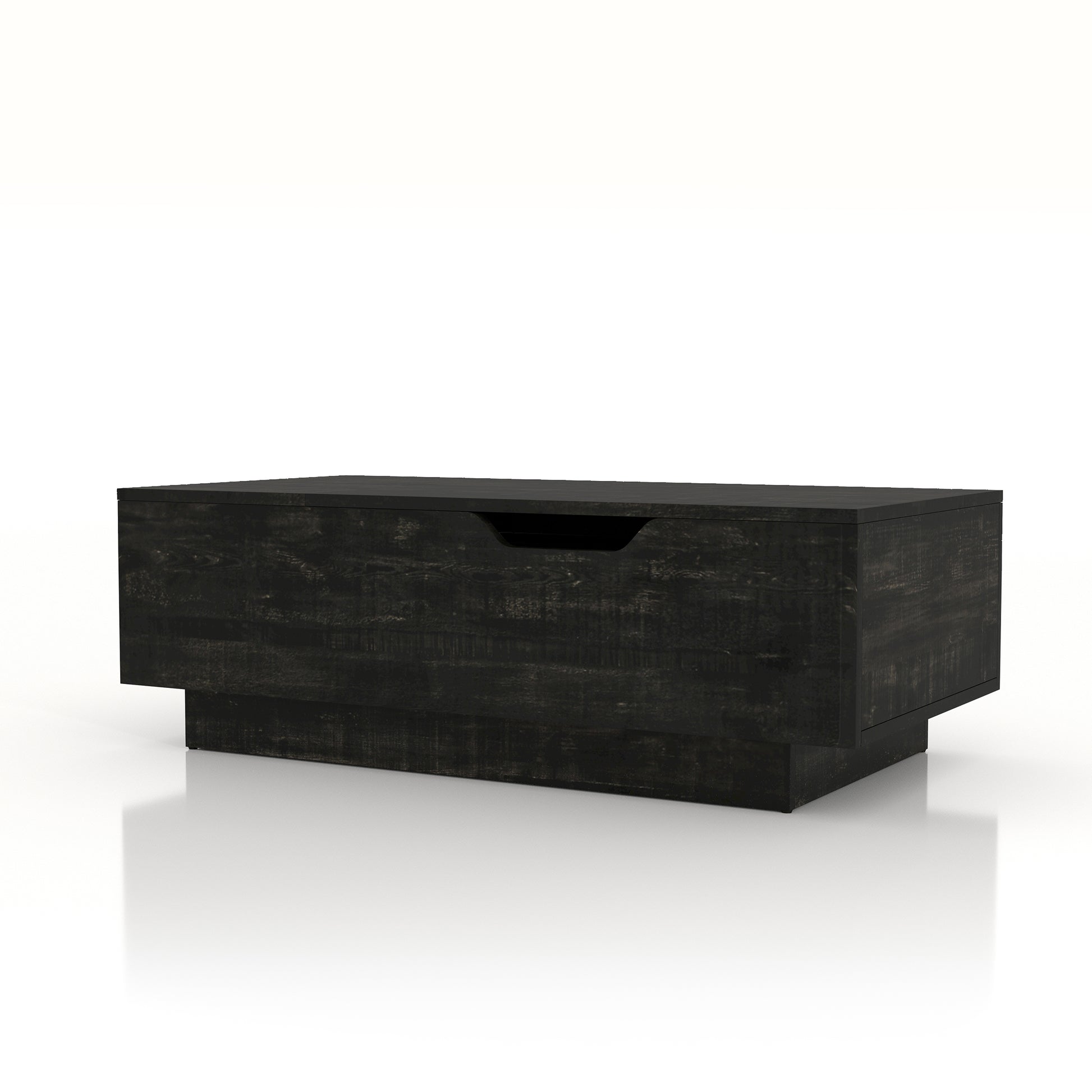 Left angled rustic reclaimed black lift-top storage chest coffee table on a white background