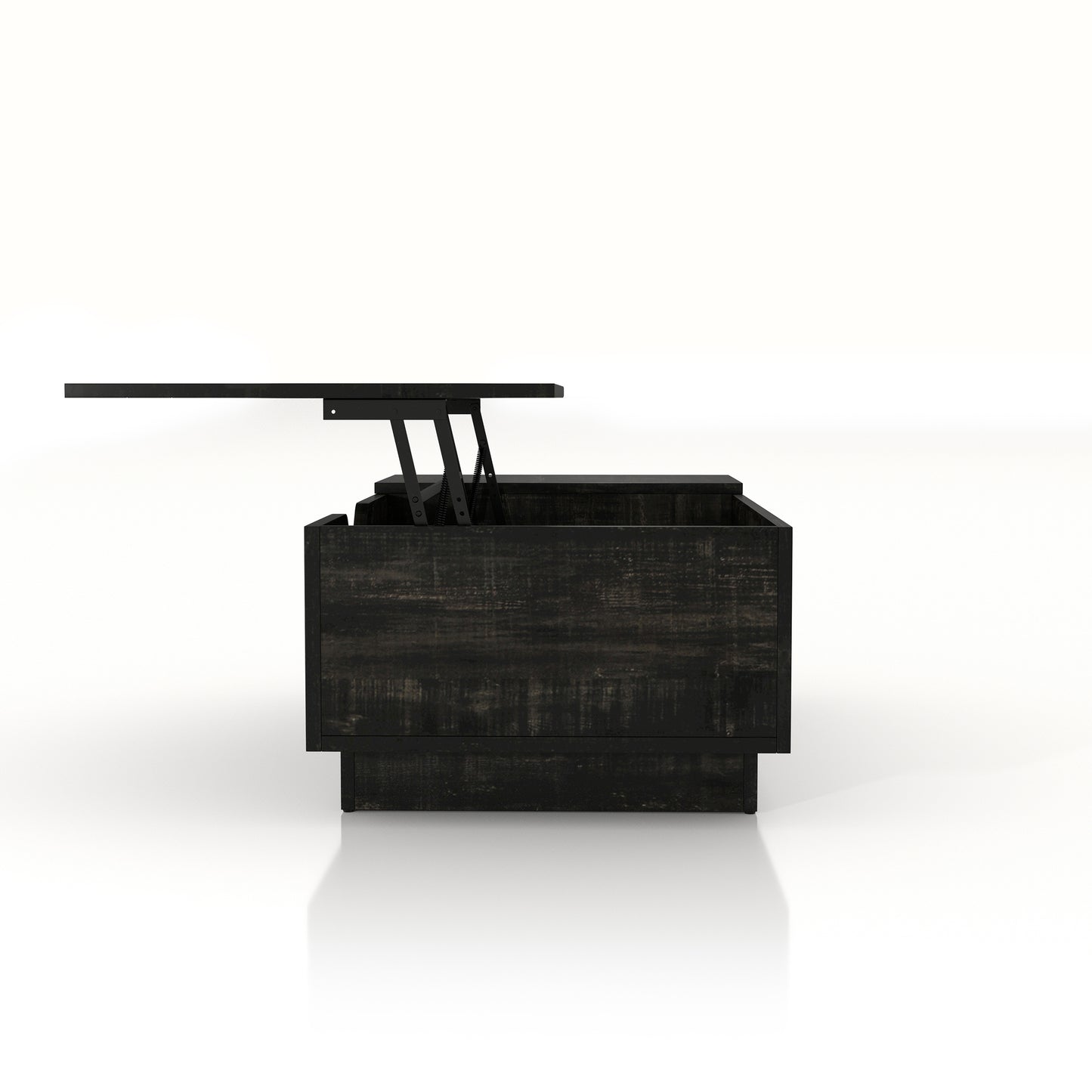 Front-facing side view of a rustic reclaimed black lift-top storage chest coffee table with top up on a white background