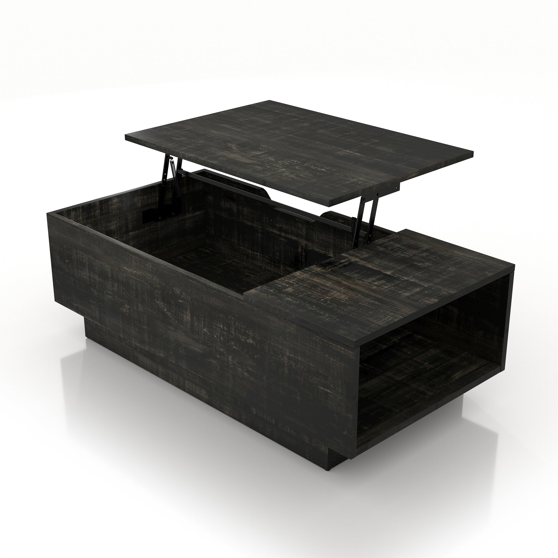 Left angled rustic reclaimed black lift-top storage chest coffee table with top up on a white background