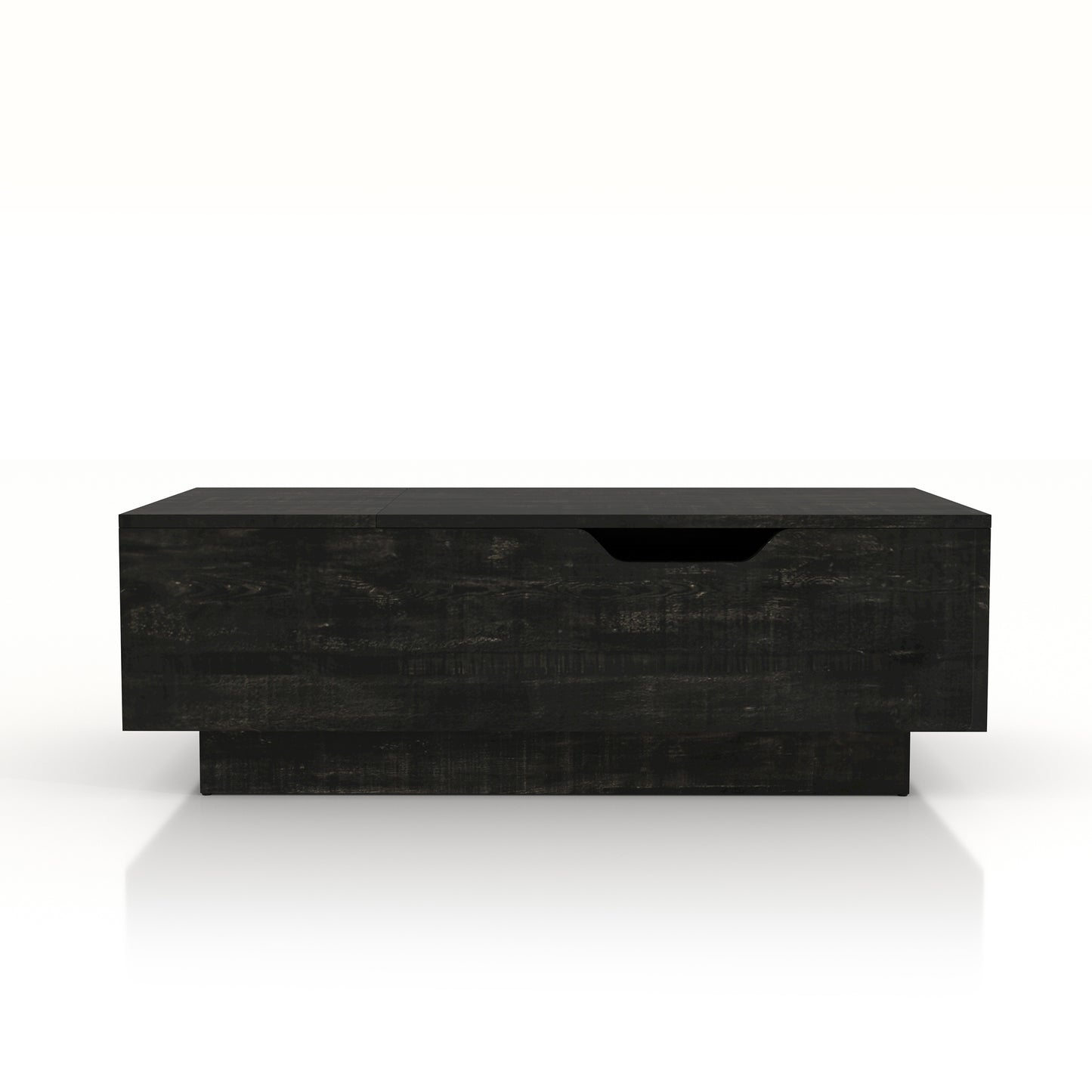 Front-facing rustic reclaimed black lift-top storage chest coffee table on a white background