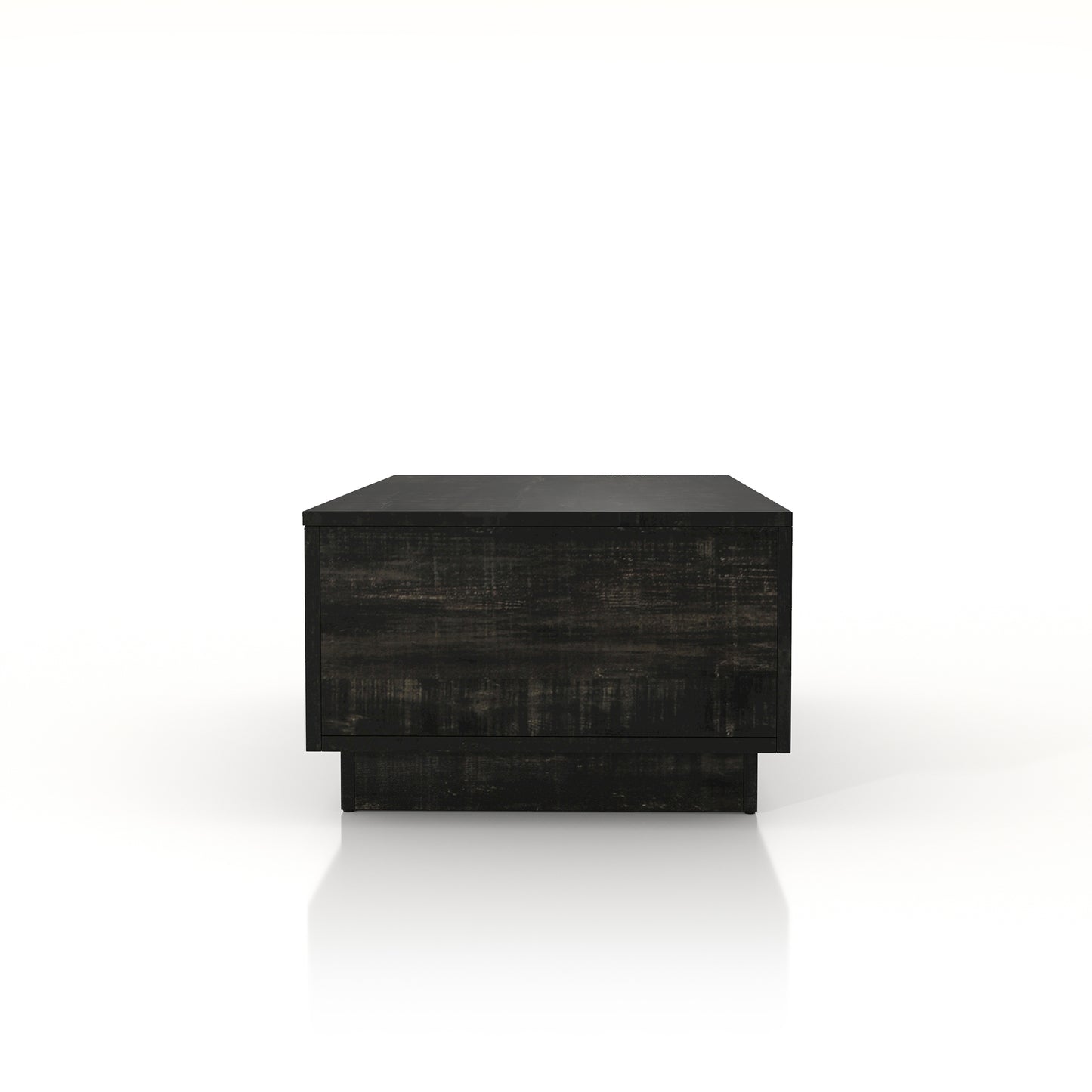 Front-facing side view of a rustic reclaimed black lift-top storage chest coffee table on a white background