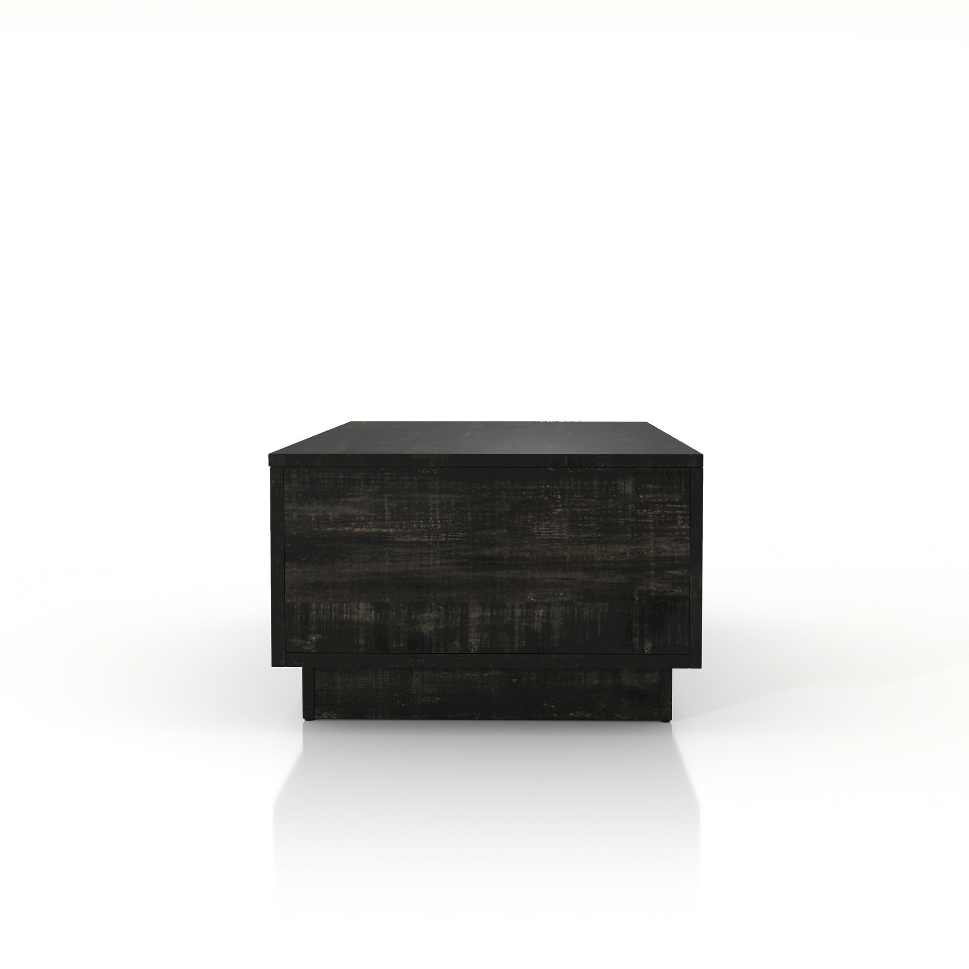 Front-facing side view of a rustic reclaimed black lift-top storage chest coffee table on a white background