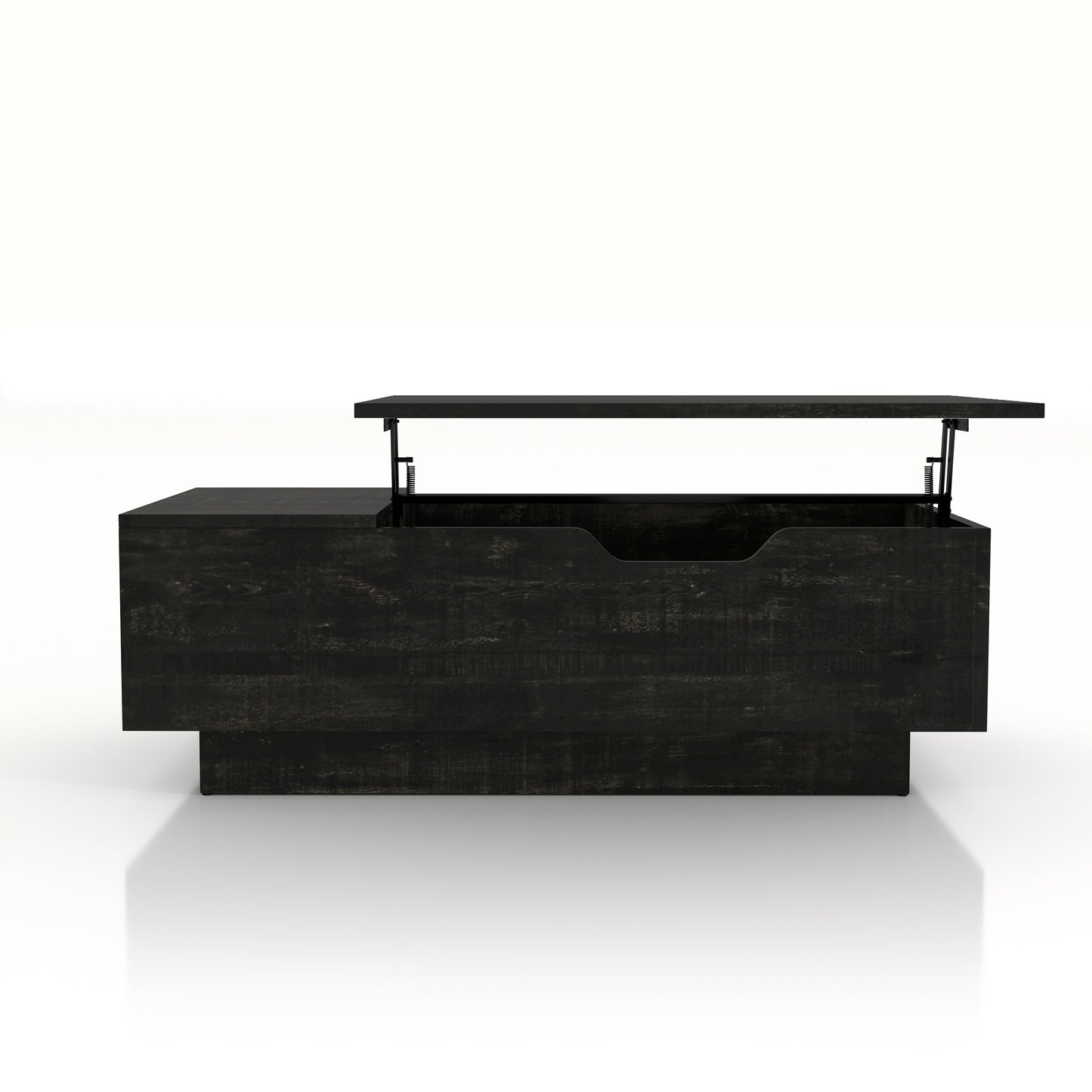 Front-facing rustic reclaimed black lift-top storage chest coffee table with top up on a white background