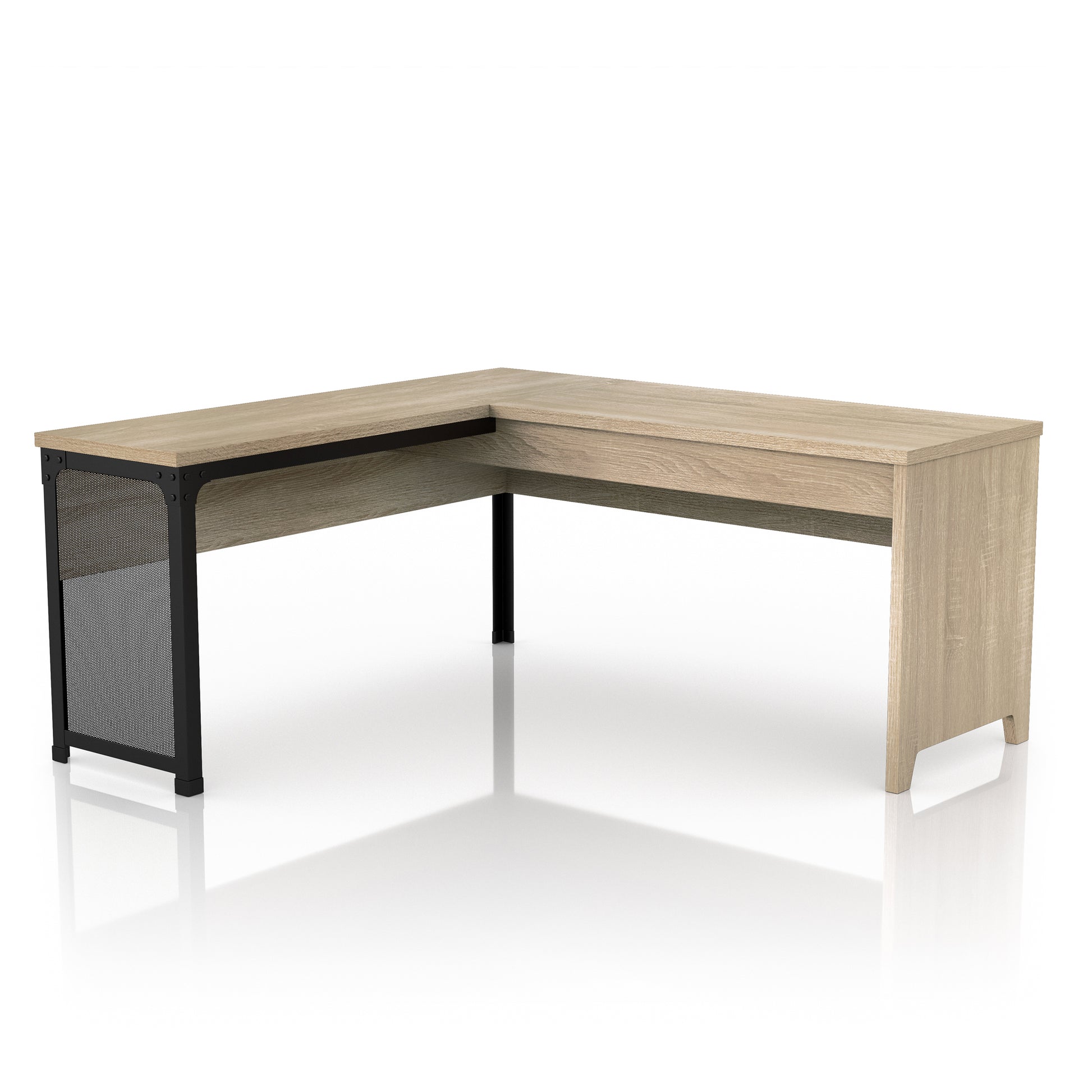 Angled industrial natural oak and black mesh L-shaped corner desk with a lift top on a white background