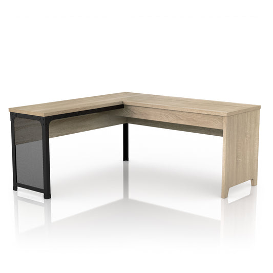 Angled industrial natural oak and black mesh L-shaped corner desk with a lift top on a white background