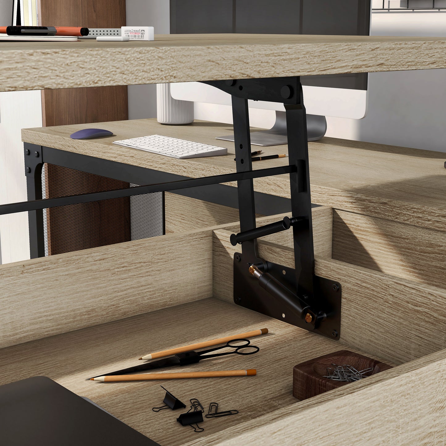 Angled lift-top hardware and storage close-up view of an industrial natural oak and black mesh L-shaped corner desk with a lift top in a home office with accessories