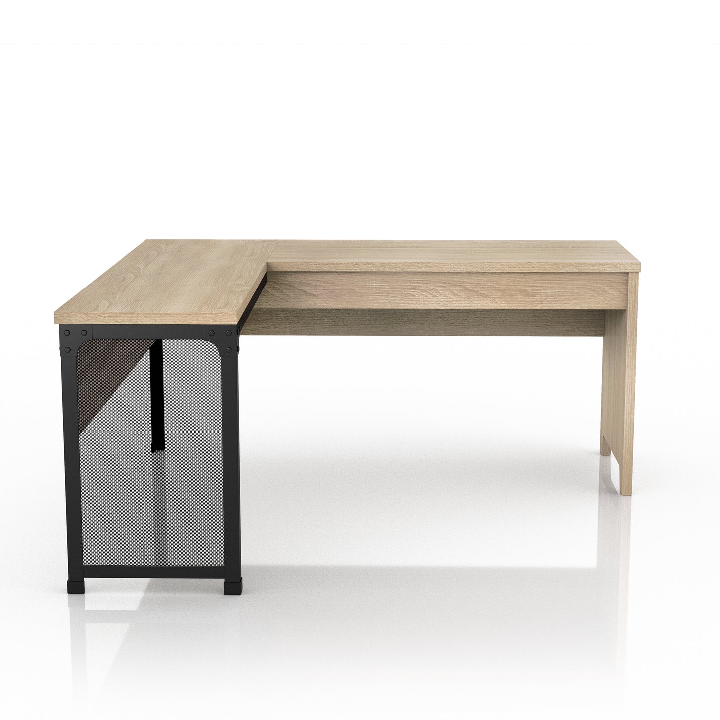 Front-facing industrial natural oak and black mesh L-shaped corner desk with a lift top on a white background