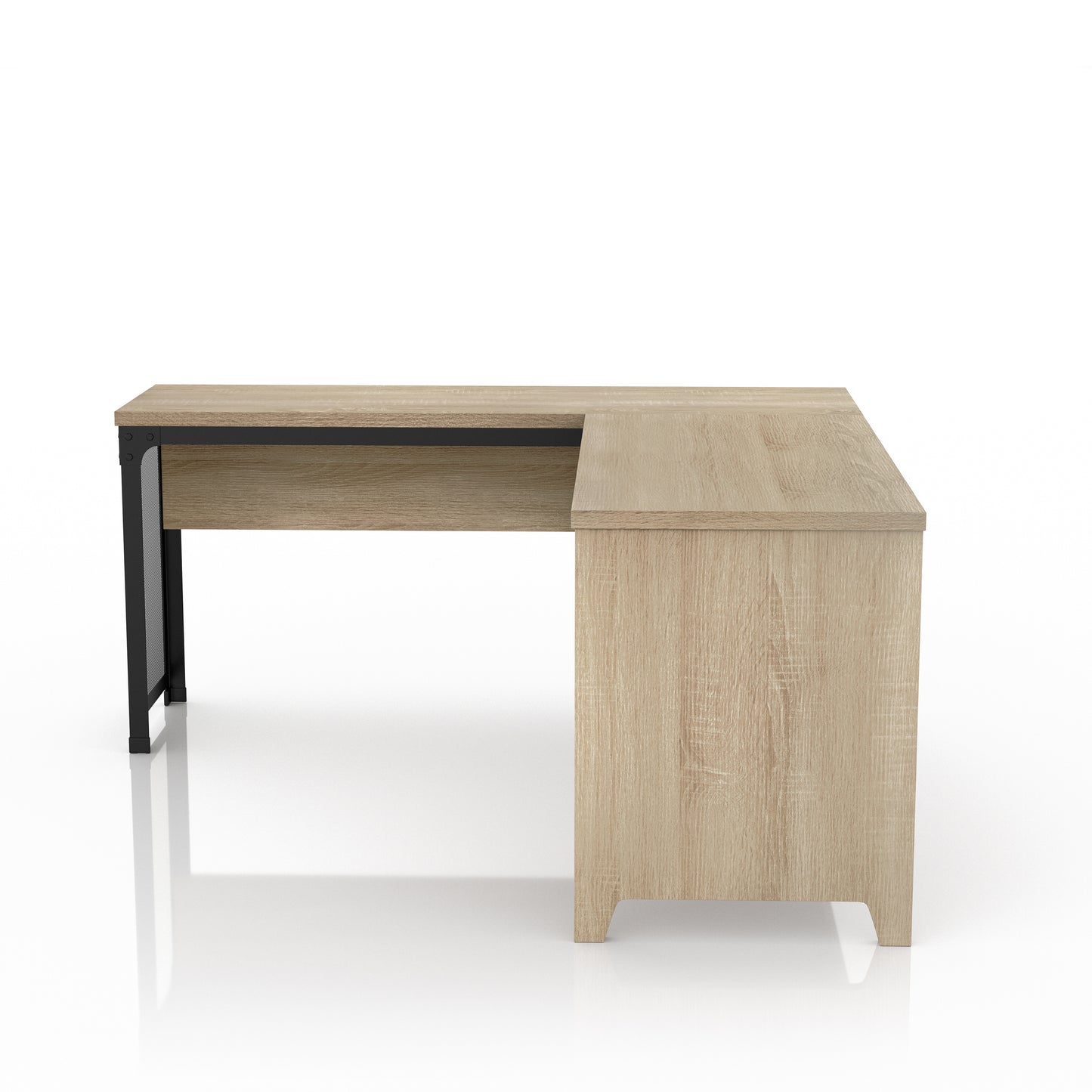 Front-facing industrial natural oak and black mesh L-shaped corner desk with a lift top on a white background