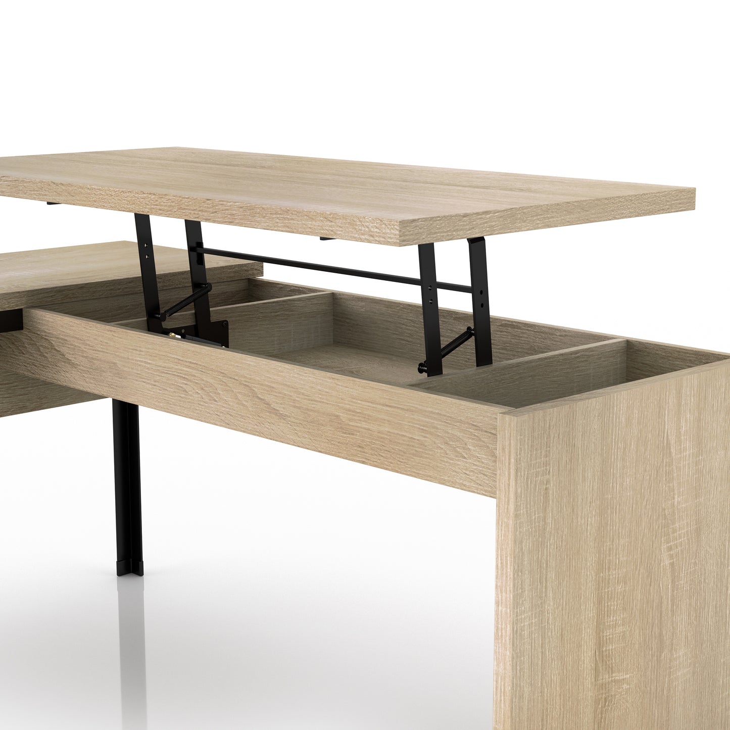 Angled lift-top close-up view of an industrial natural oak and black mesh L-shaped corner desk with a lift top on a white background