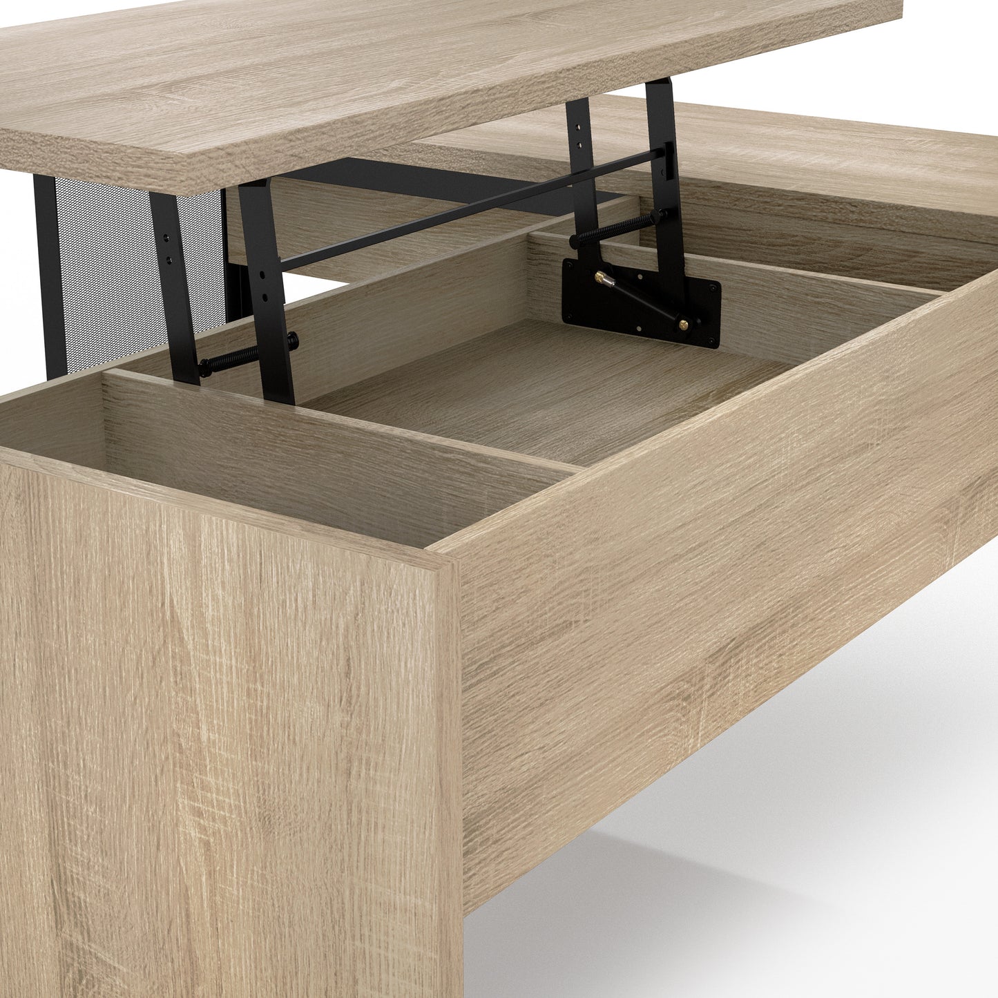 Angled lift-top close-up view of an industrial natural oak and black mesh L-shaped corner desk with a lift top on a white background