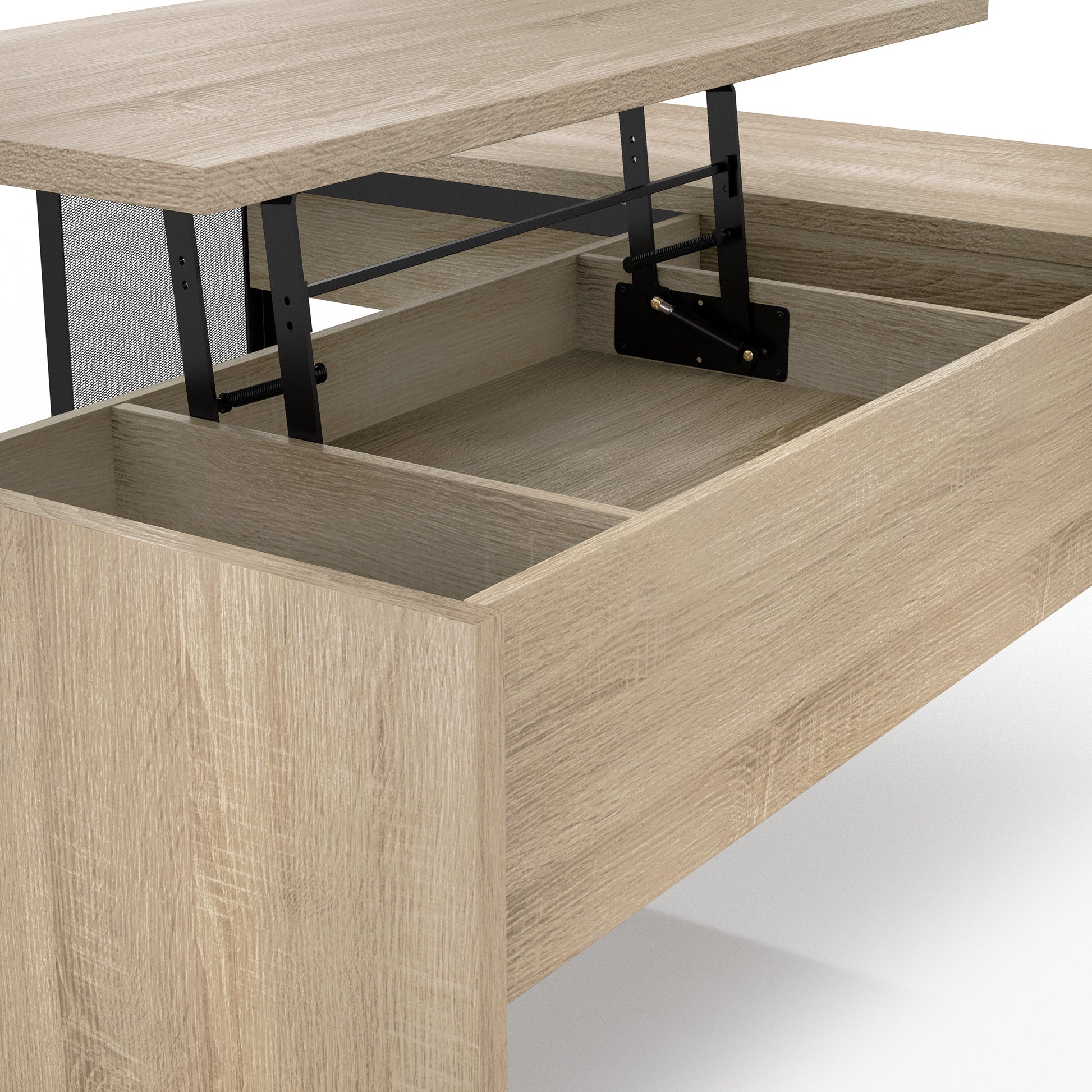 Angled lift-top close-up view of an industrial natural oak and black mesh L-shaped corner desk with a lift top on a white background